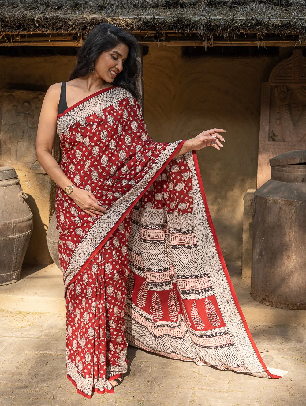 Exclusive Bagh Hand Block Printed Cotton Saree -  Floral Appeal