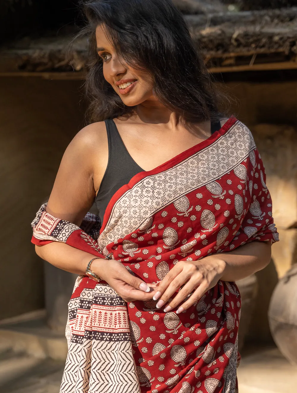 Exclusive Bagh Hand Block Printed Cotton Saree -  Floral Appeal