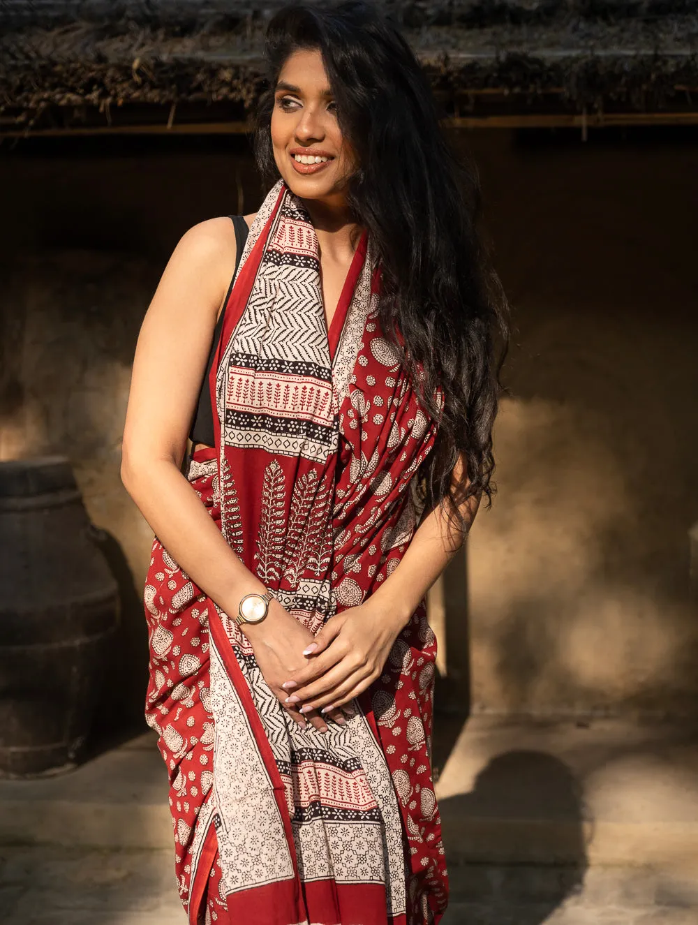 Exclusive Bagh Hand Block Printed Cotton Saree -  Floral Appeal