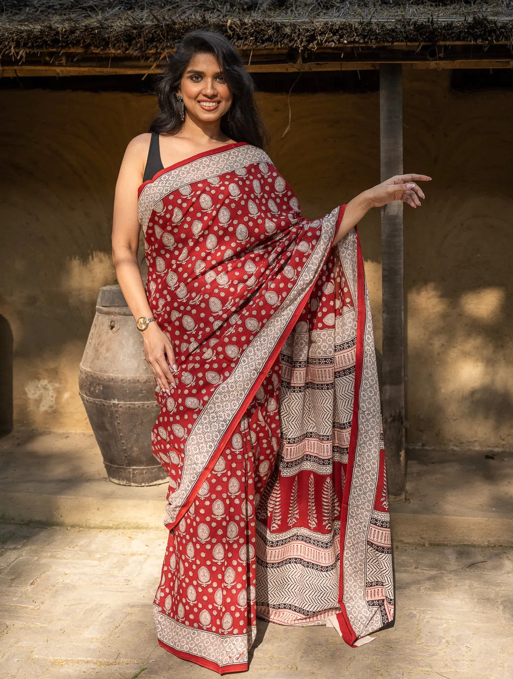 Exclusive Bagh Hand Block Printed Cotton Saree -  Floral Appeal