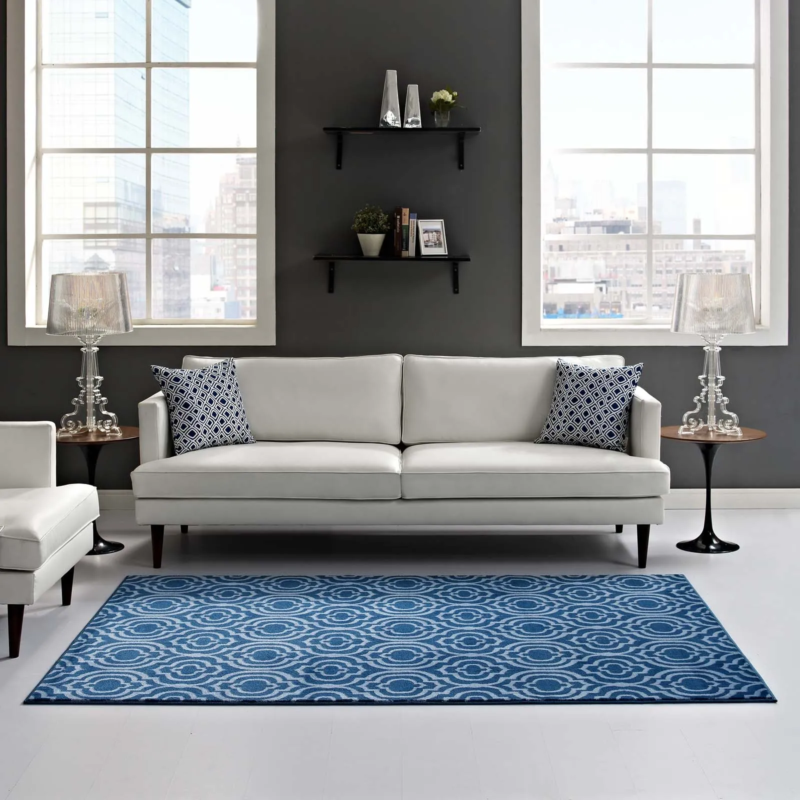 Frame Transitional Moroccan Trellis 5x8 Area Rug  Moroccan Blue and Light Blue