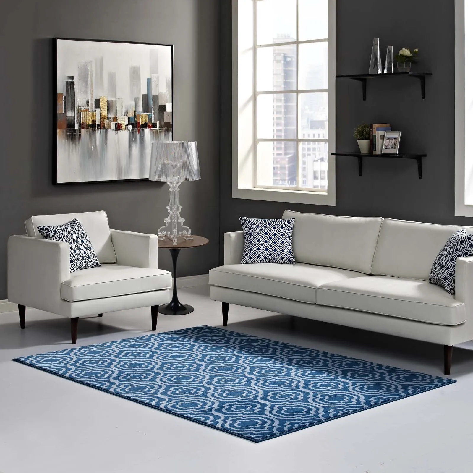 Frame Transitional Moroccan Trellis 5x8 Area Rug  Moroccan Blue and Light Blue