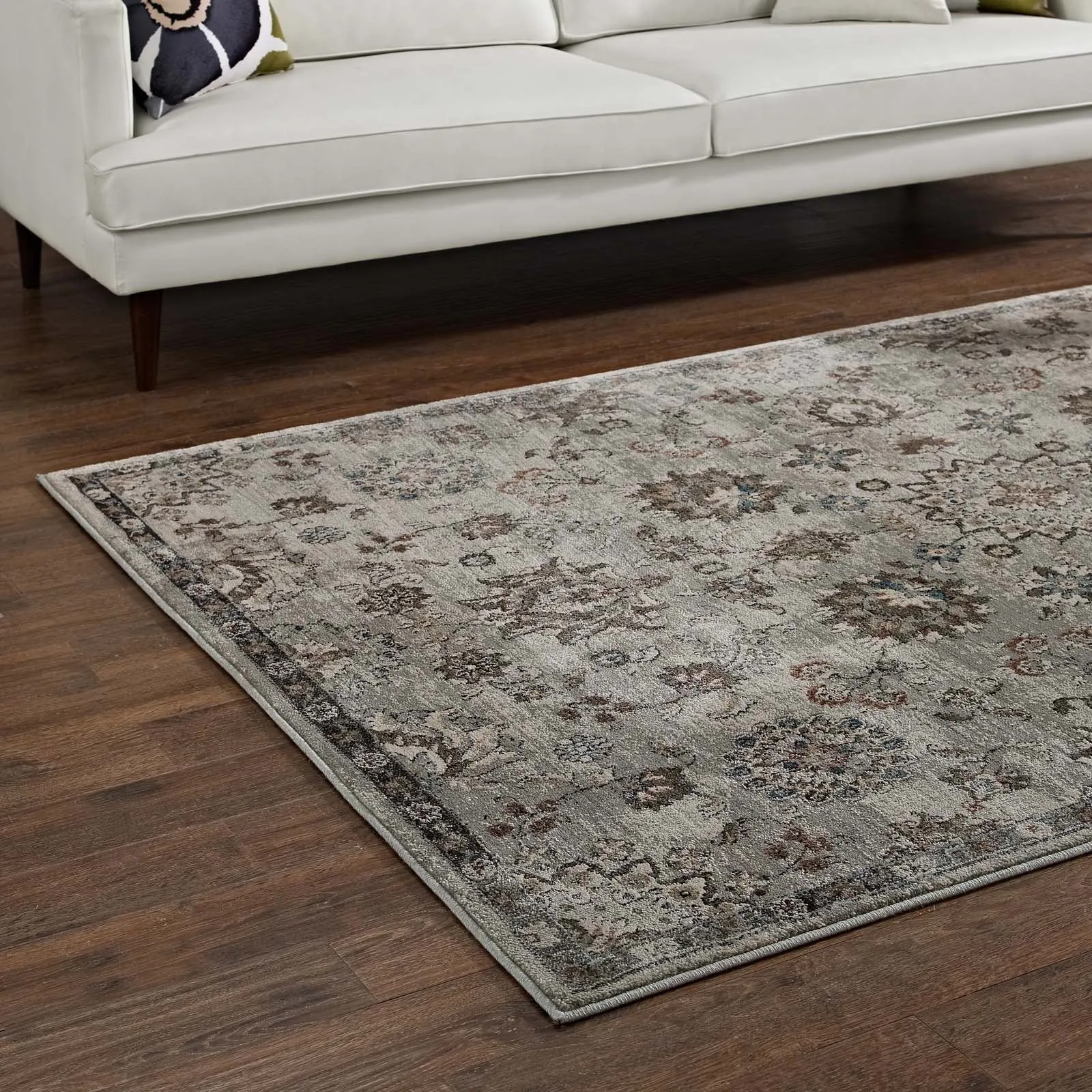 Hana Distressed Vintage Floral Lattice 8x10 Area Rug  Silver Blue, Beige and Brown