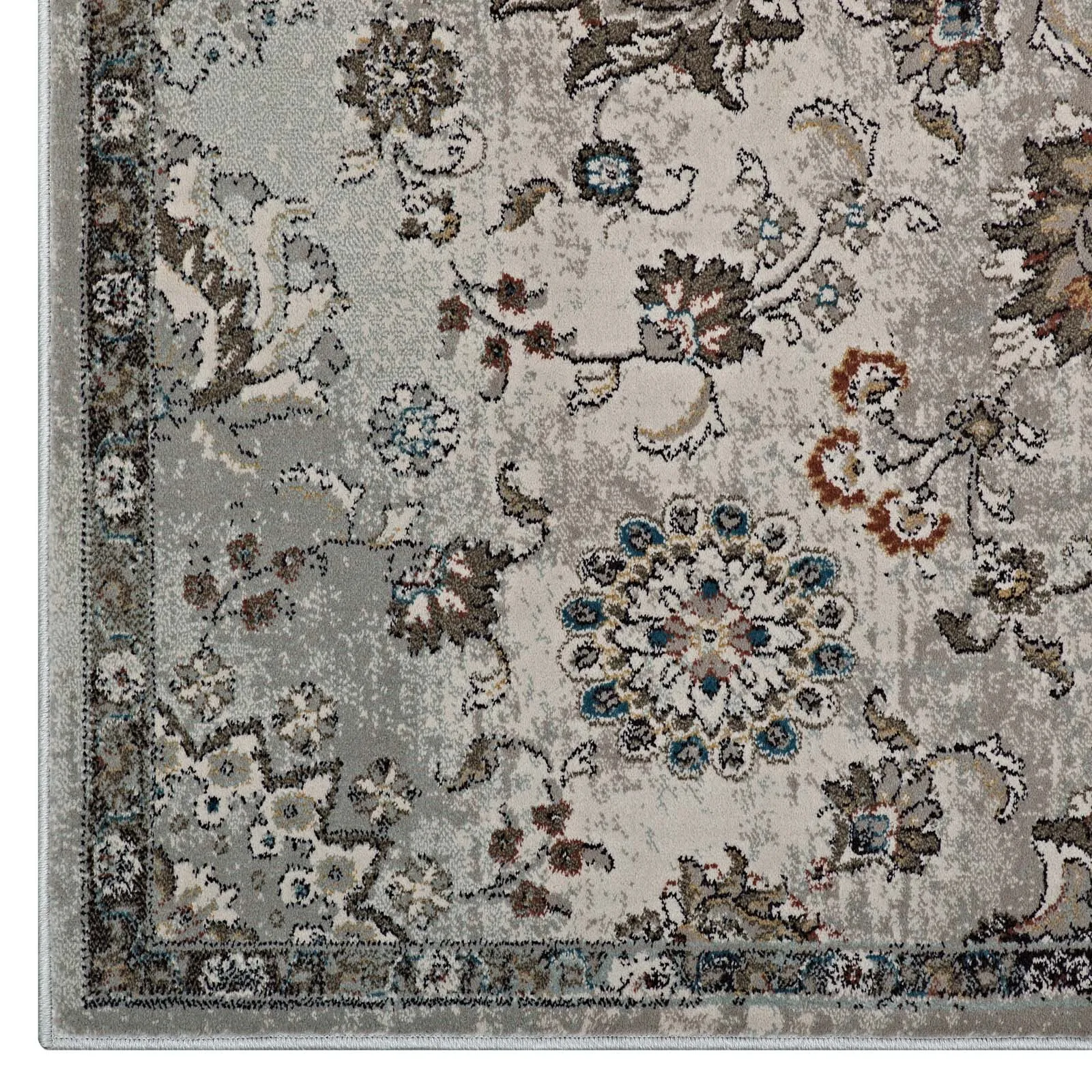 Hana Distressed Vintage Floral Lattice 8x10 Area Rug  Silver Blue, Beige and Brown