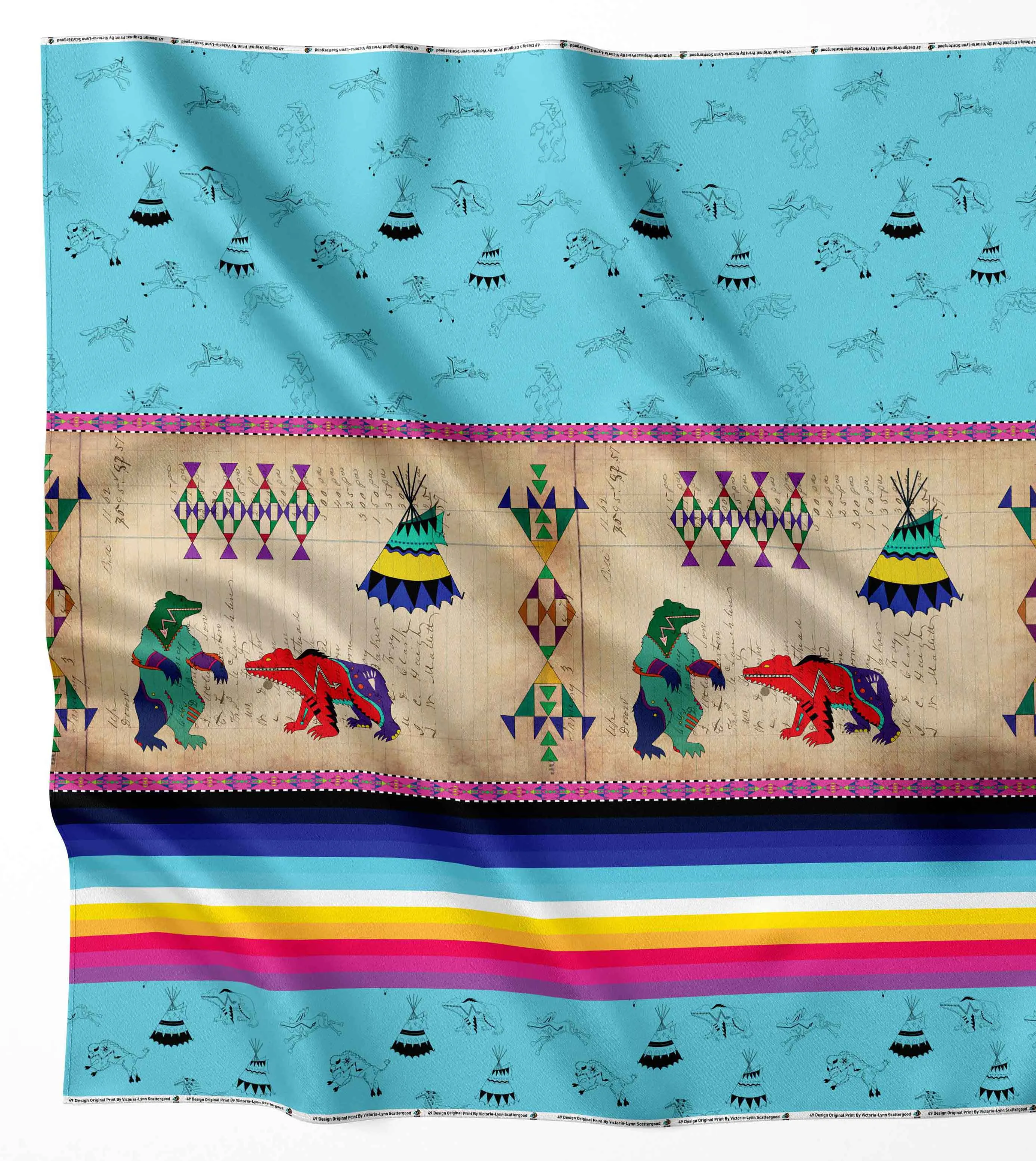 Ledger Bears Sky Satin Fabric By the Yard Pre Order