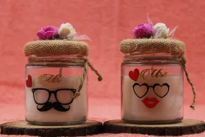 LUCES Smokeless Scented Soy Wax White Colors Glass Jar Mr and Mrs Printed Couple Love Valentine Candles for Gift Party Decorations Birthday Dinner Table Living Room Pack of 2