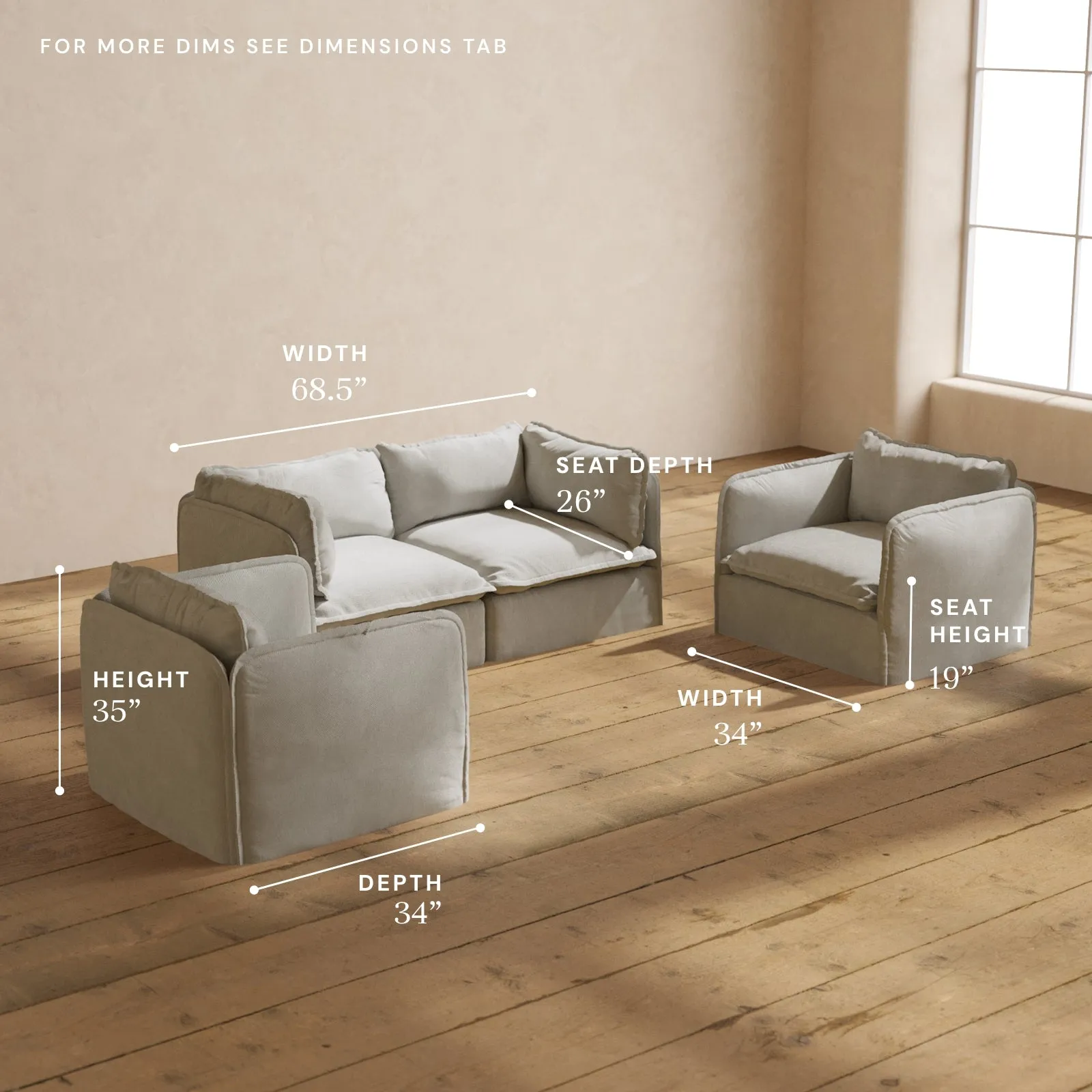 Modular Performance 2-Seater Sofa   Armchair Set in Cloud | Relaxed Blend