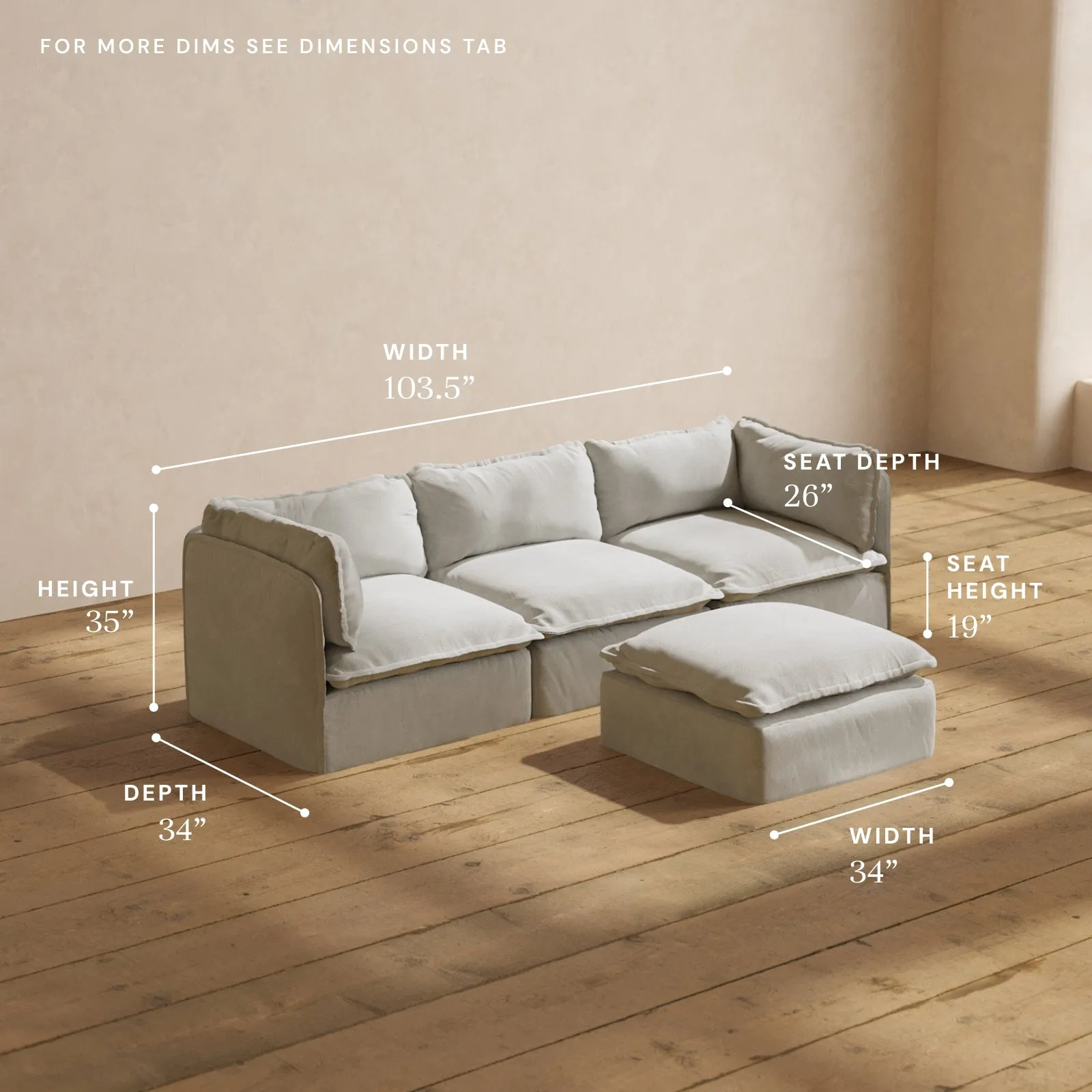 Modular Performance 3-Seater   Ottoman in Cloud | Relaxed Blend