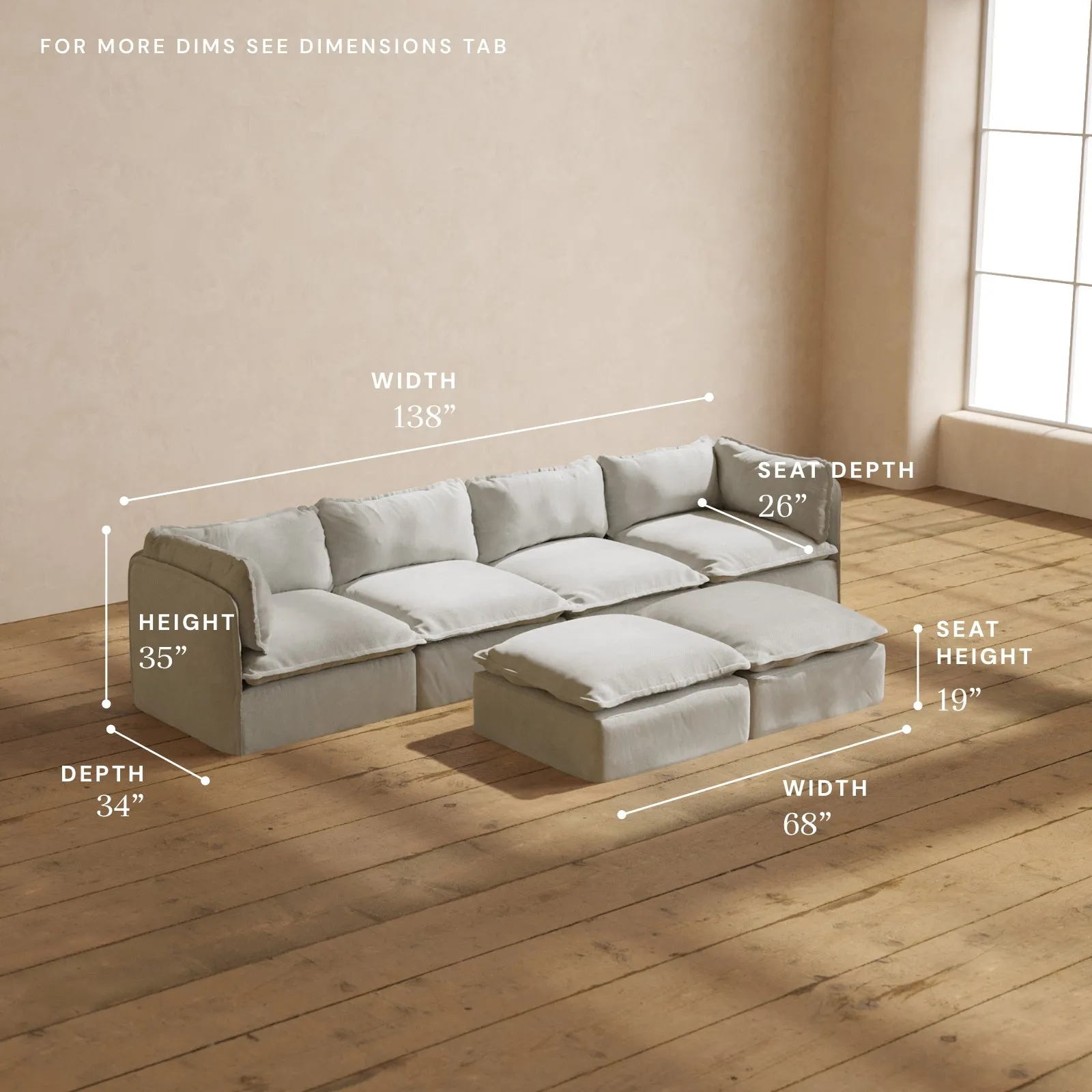 Modular Performance 4-Seater   Bench Ottoman in Cloud | Relaxed Blend