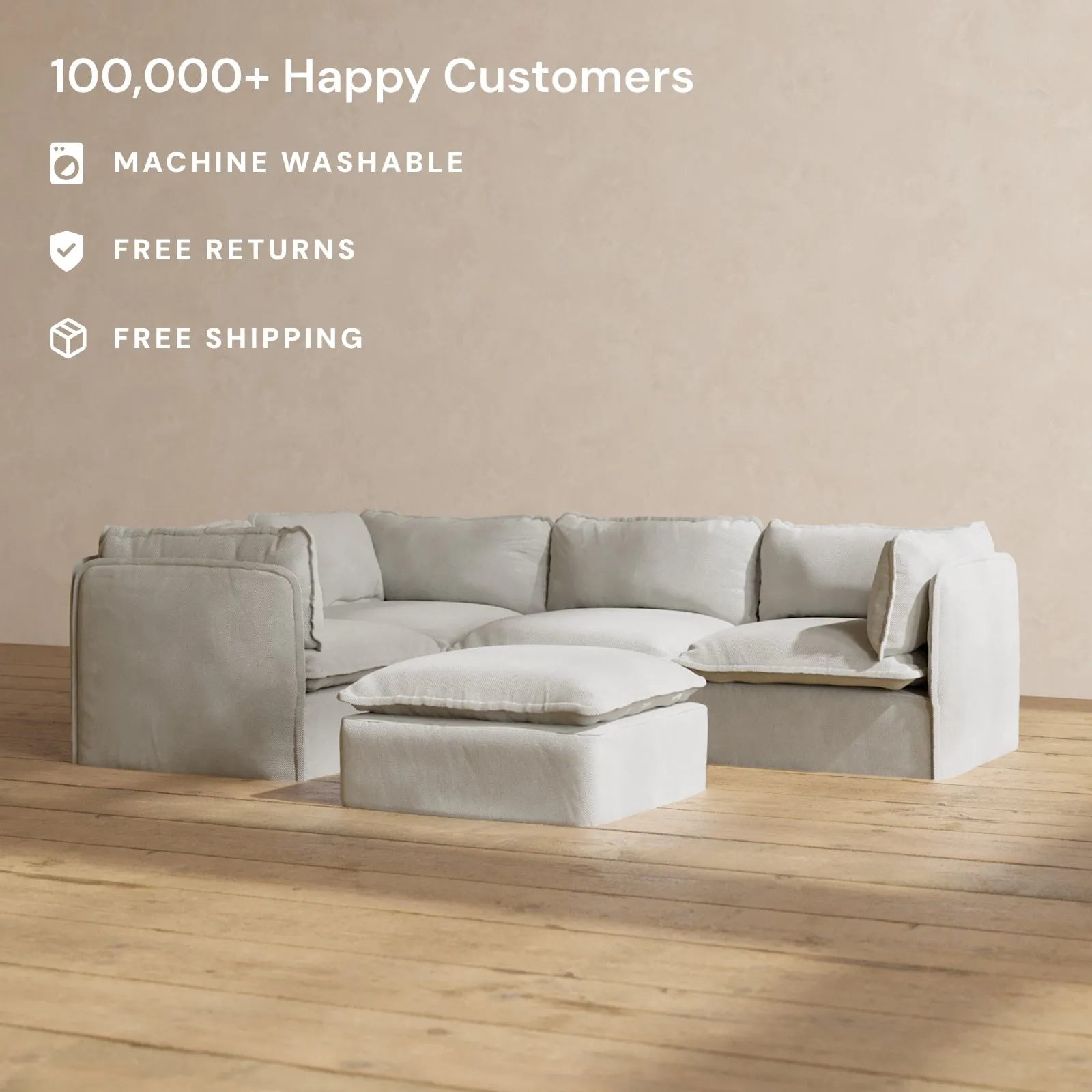 Modular Performance 4-Seater Corner Sectional   Ottoman in Cloud | Relaxed Blend