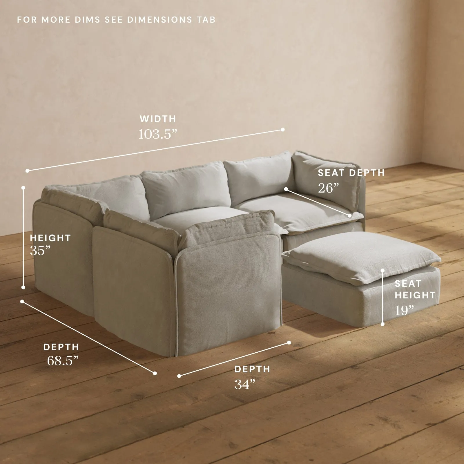 Modular Performance 4-Seater Corner Sectional   Ottoman in Cloud | Relaxed Blend