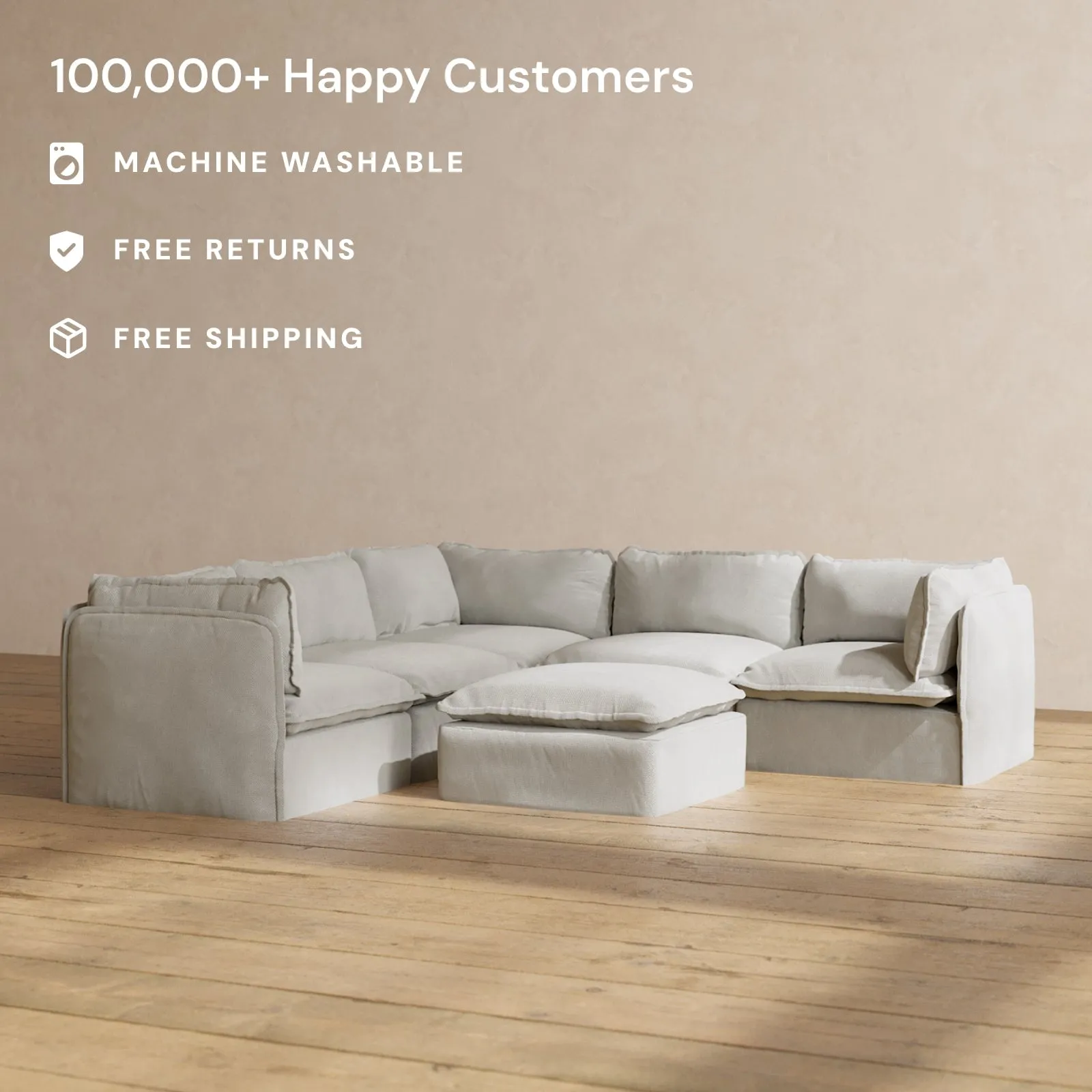 Modular Performance 5-Seater Corner Sectional   Ottoman in Cloud | Relaxed Blend