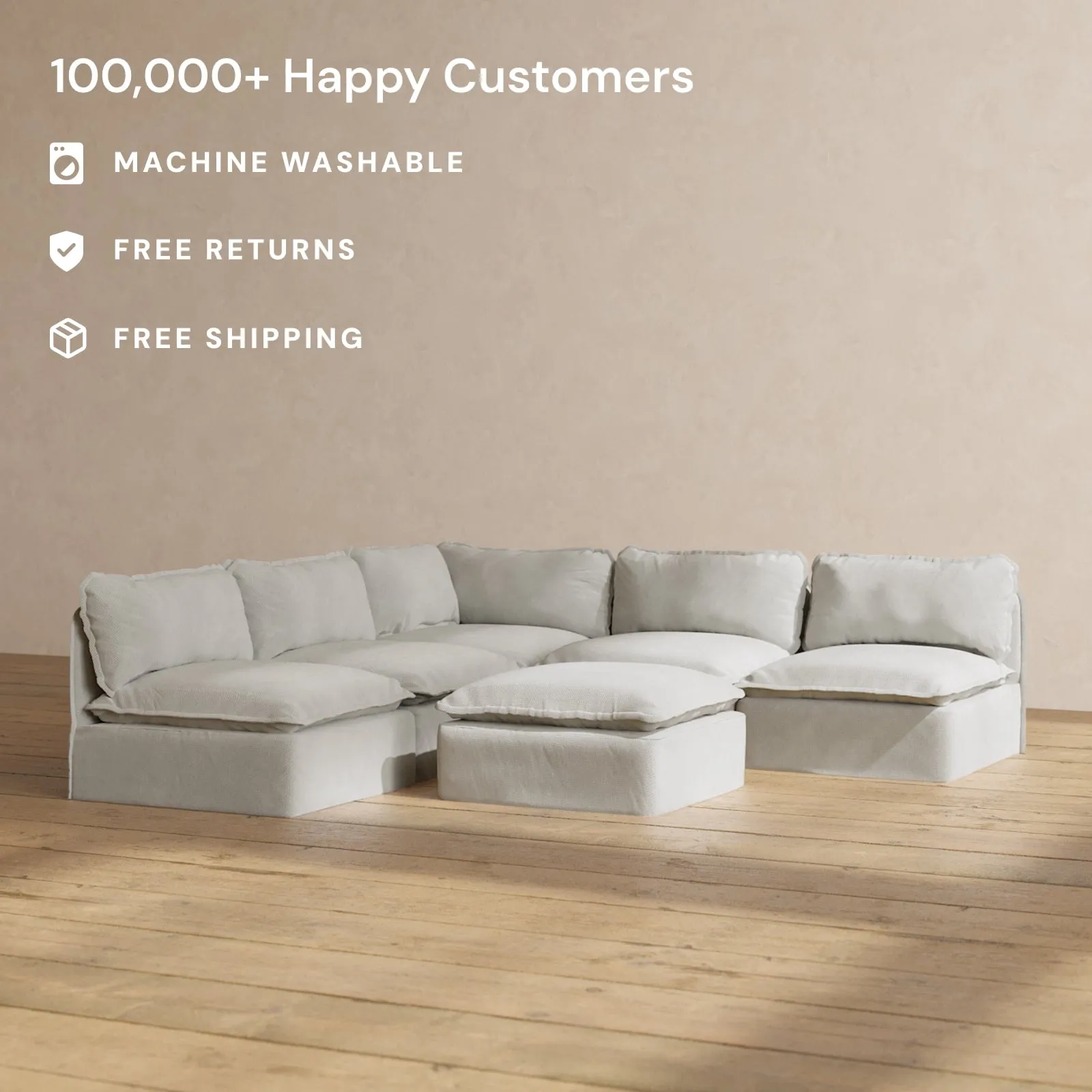 Modular Performance 5-Seater Open-Ends Corner Sectional   Ottoman in Cloud | Deluxe Blend