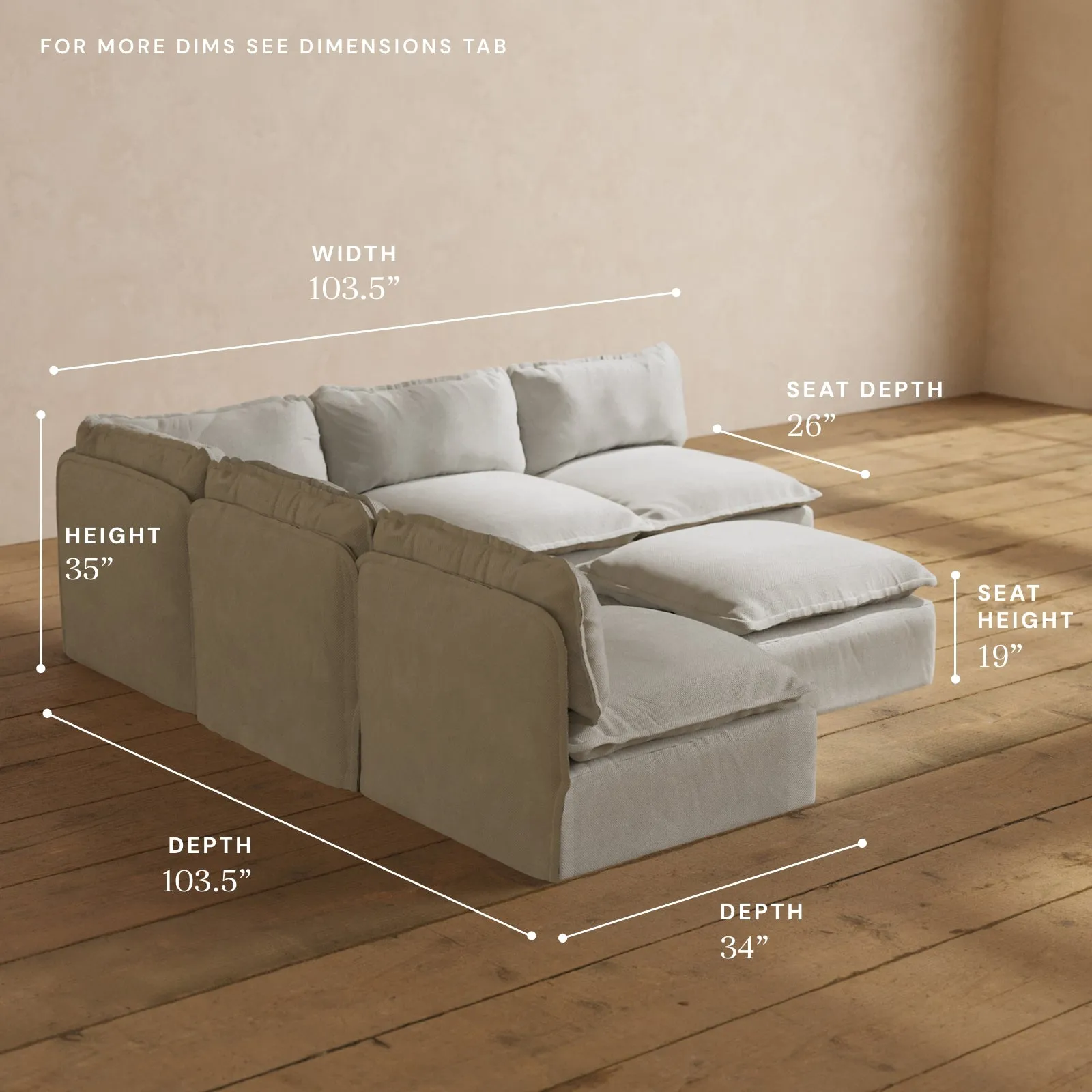 Modular Performance 5-Seater Open-Ends Corner Sectional   Ottoman in Cloud | Deluxe Blend