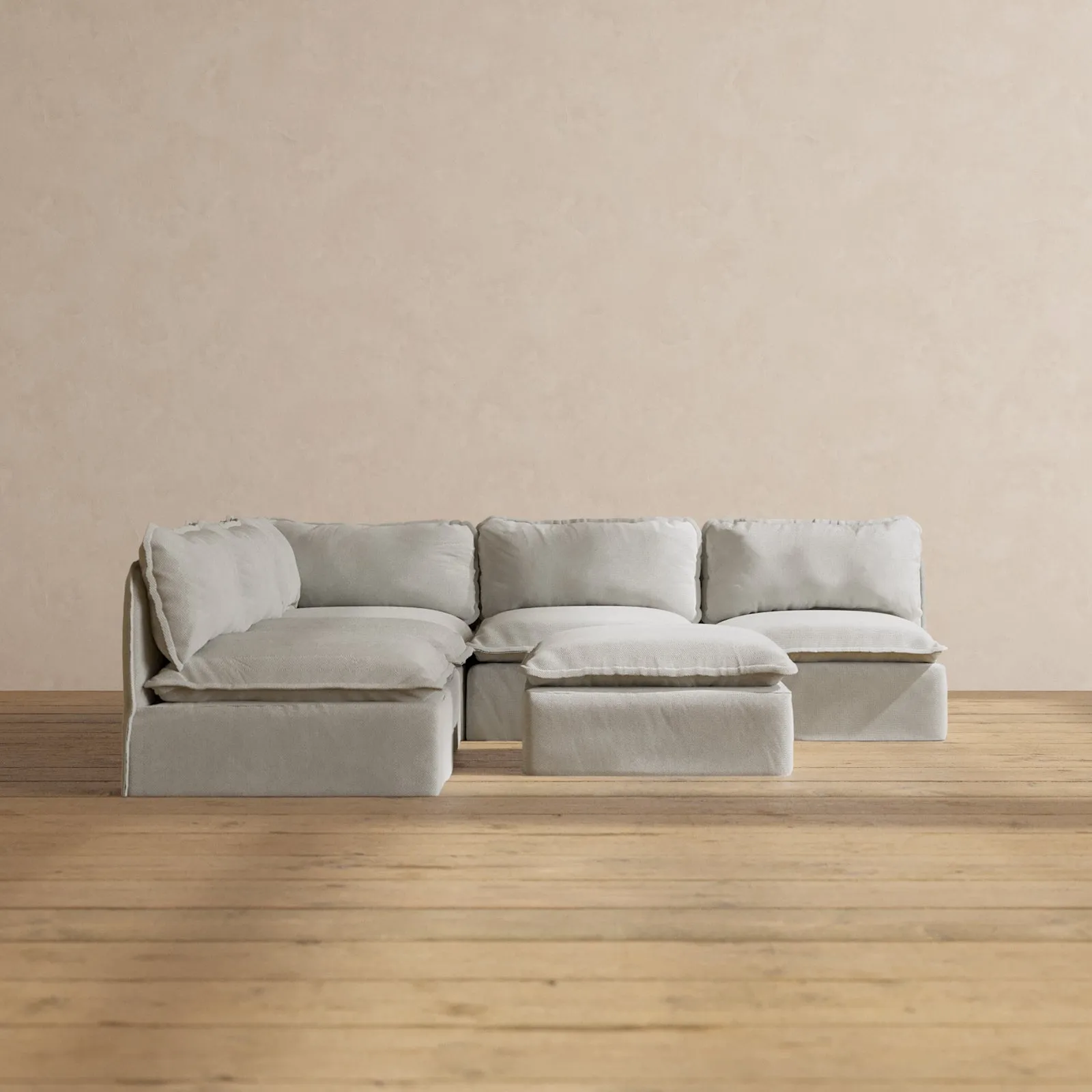 Modular Performance 5-Seater Open-Ends Corner Sectional   Ottoman in Cloud | Deluxe Blend