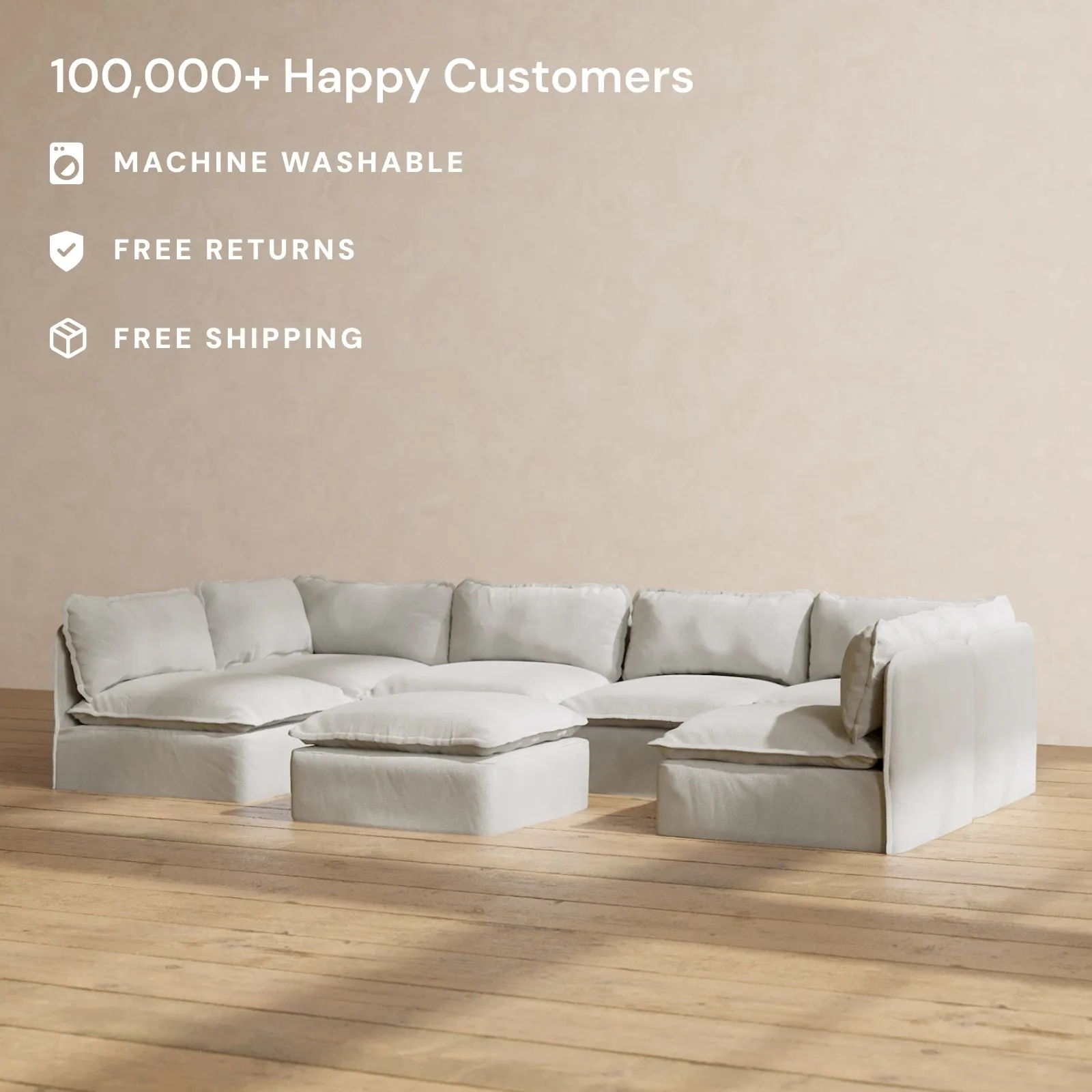 Modular Performance 6-Seater Open-Ends U-Sectional   Ottoman in Cloud | Deluxe Blend
