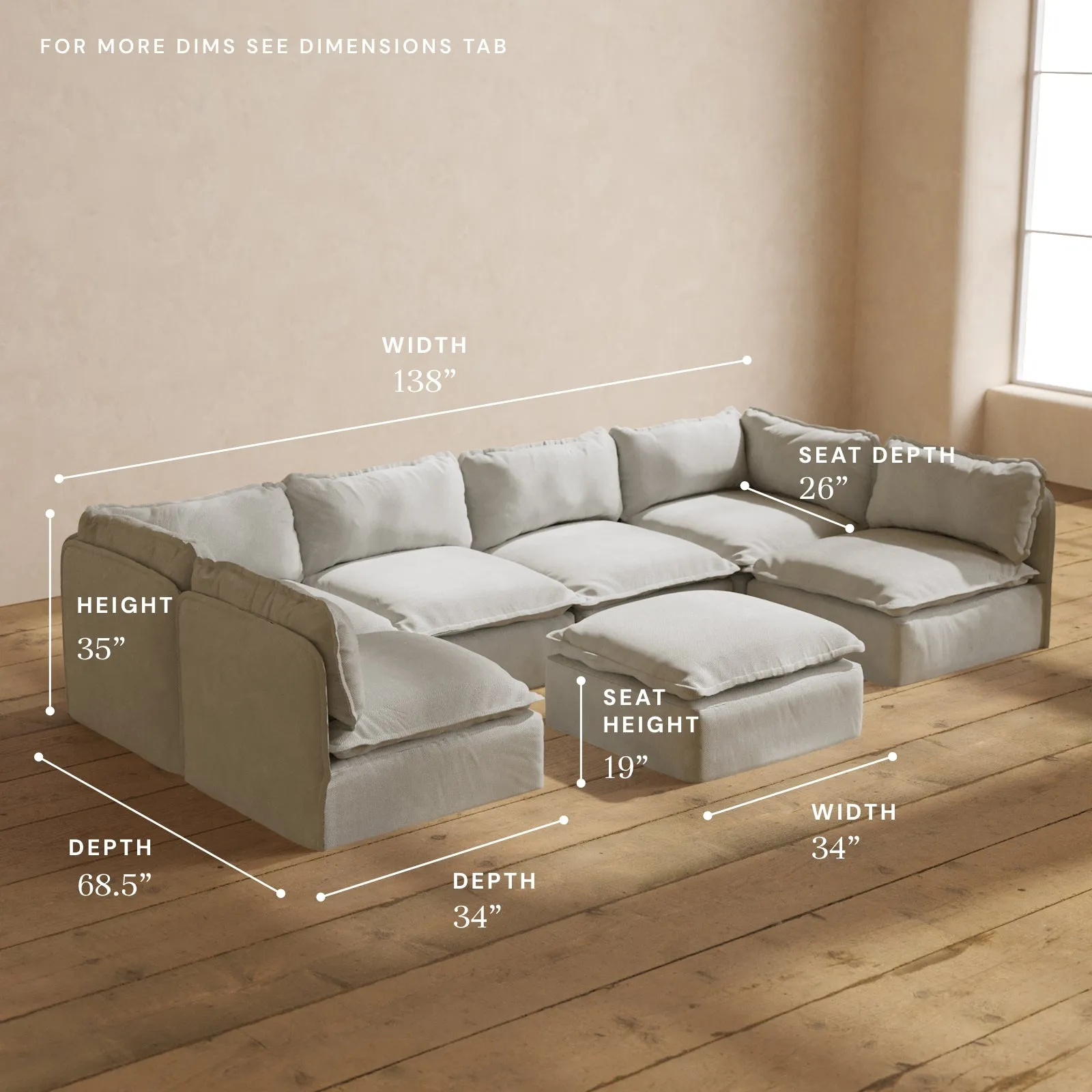 Modular Performance 6-Seater Open-Ends U-Sectional   Ottoman in Cloud | Deluxe Blend