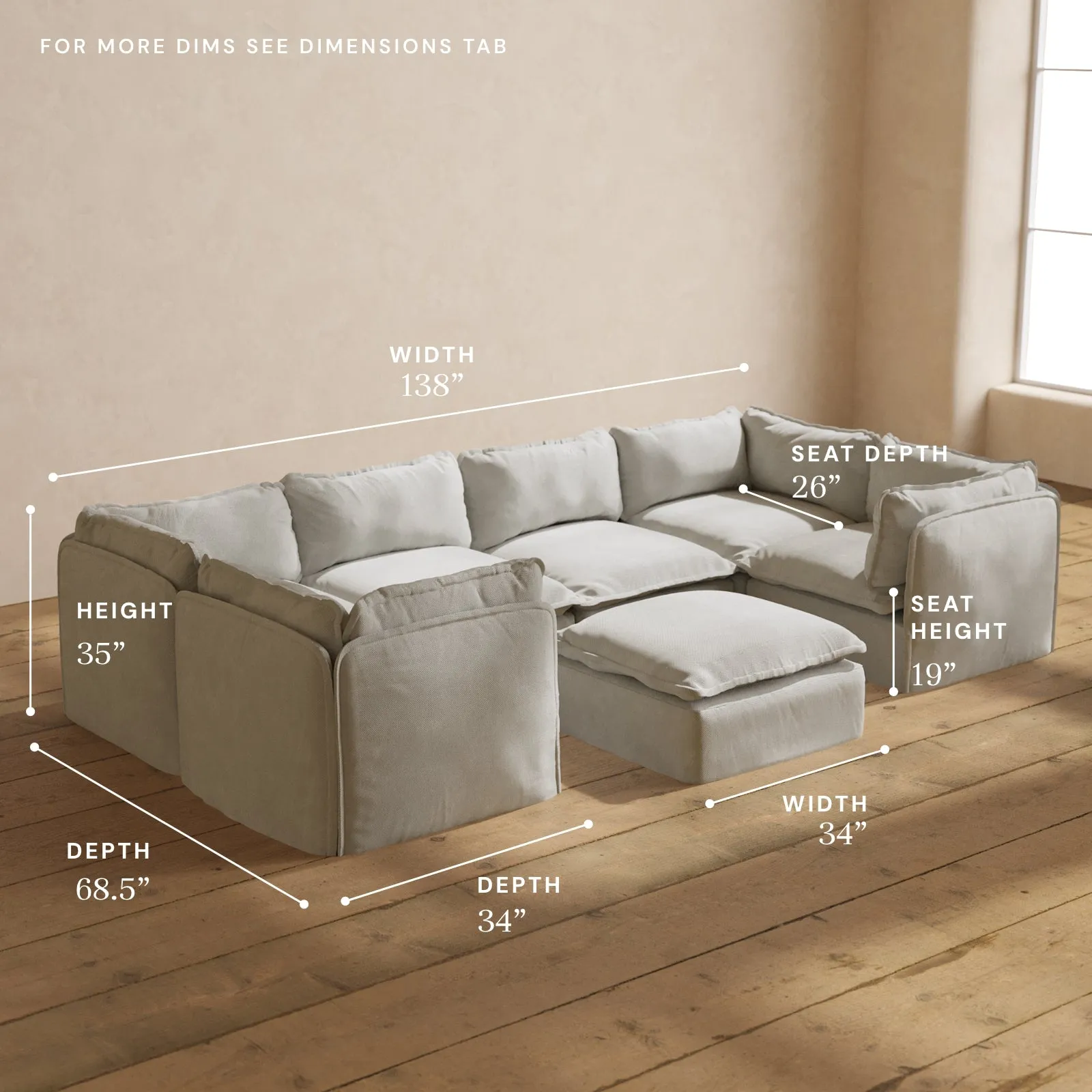 Modular Performance 6-Seater U-Sectional   Ottoman in Cloud | Relaxed Blend