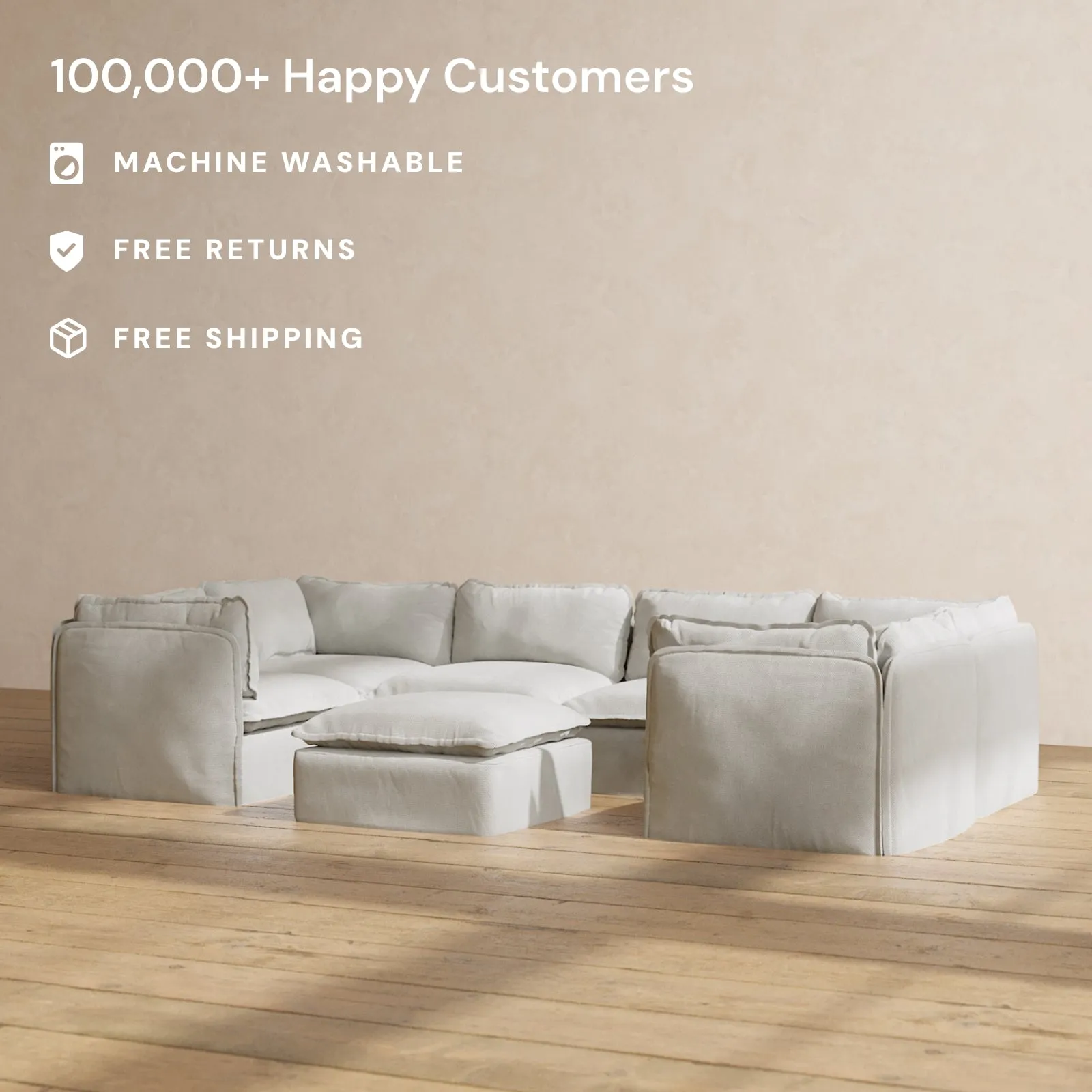 Modular Performance 6-Seater U-Sectional   Ottoman in Cloud | Relaxed Blend
