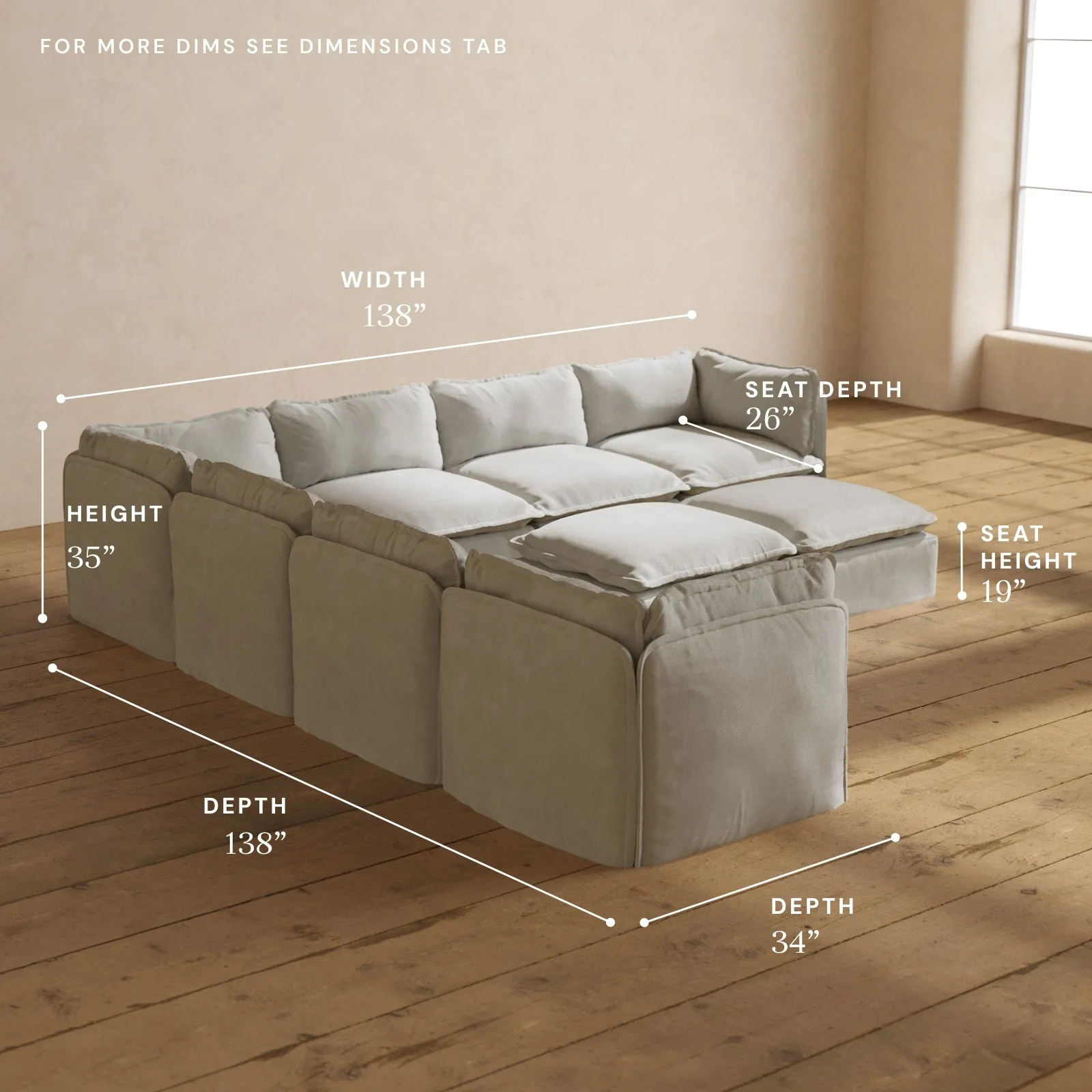 Modular Performance 7-Seater Corner Sectional   Bench Ottoman in Cloud | Deluxe Blend