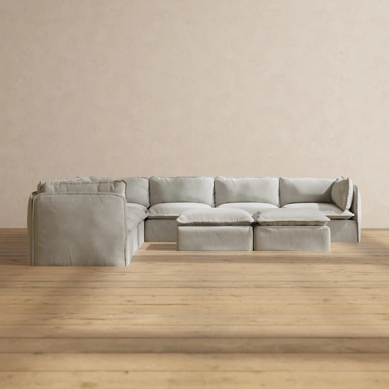 Modular Performance 7-Seater Corner Sectional   Bench Ottoman in Cloud | Deluxe Blend