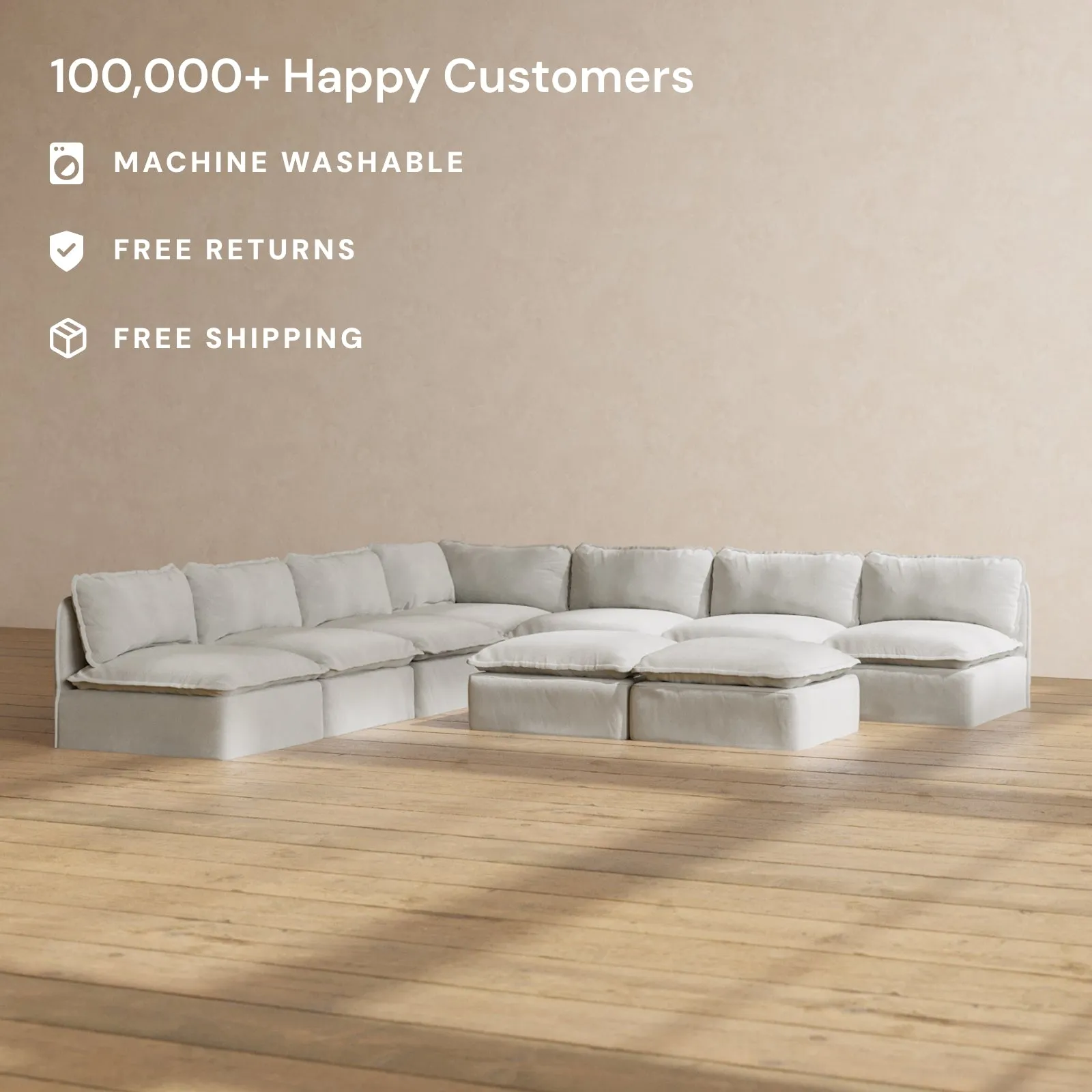 Modular Performance 7-Seater Open-Ends Corner Sectional   Bench Ottoman in Cloud | Deluxe Blend