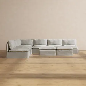 Modular Performance 7-Seater Open-Ends Corner Sectional   Bench Ottoman in Cloud | Deluxe Blend