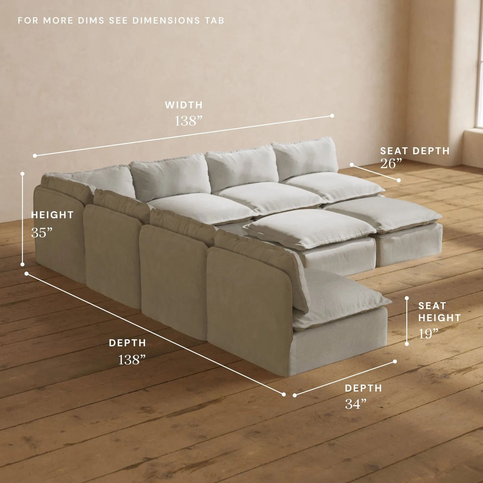 Modular Performance 7-Seater Open-Ends Corner Sectional   Bench Ottoman in Cloud | Relaxed Blend
