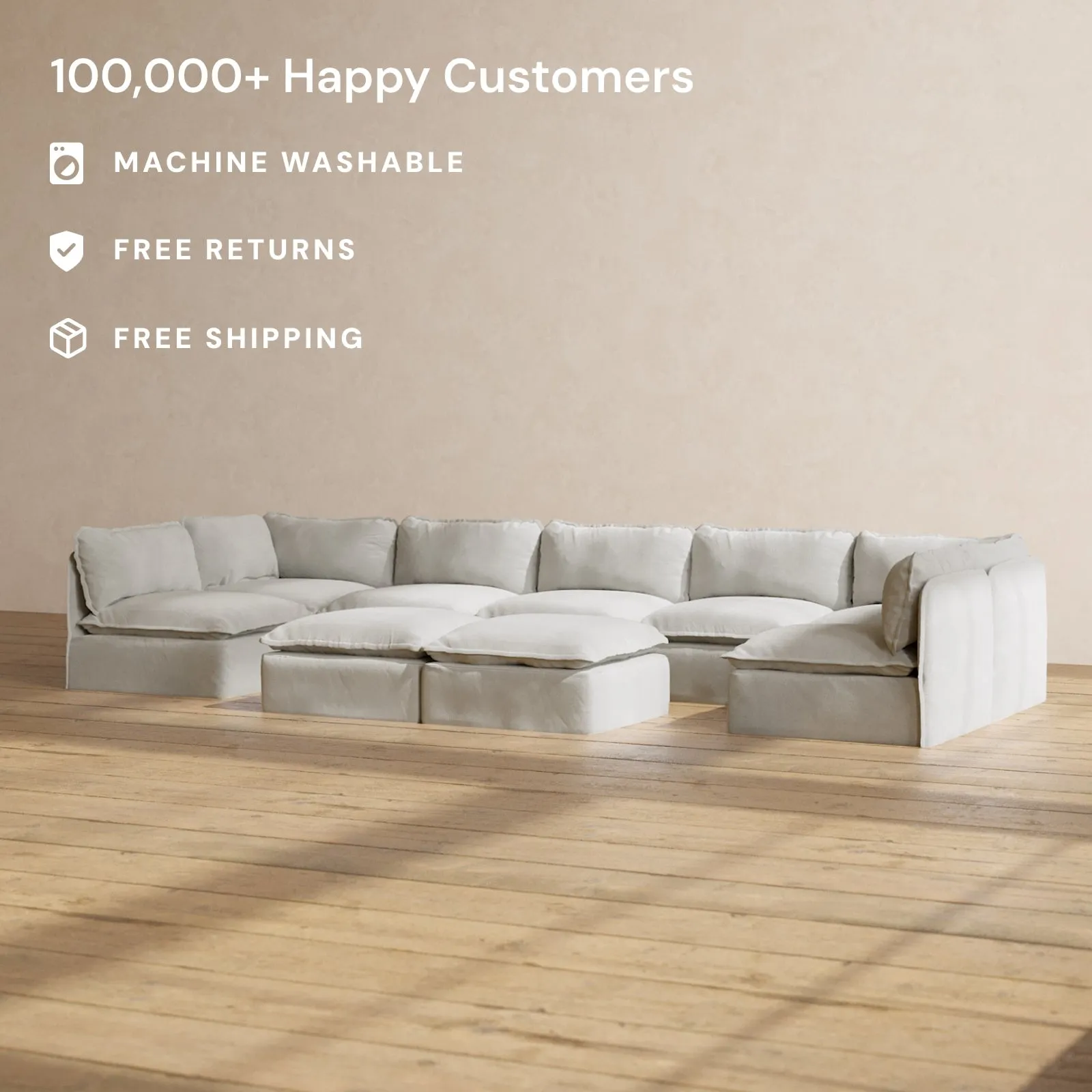 Modular Performance 7-Seater Open-Ends U-Sectional   Bench Ottoman in Cloud | Deluxe Blend