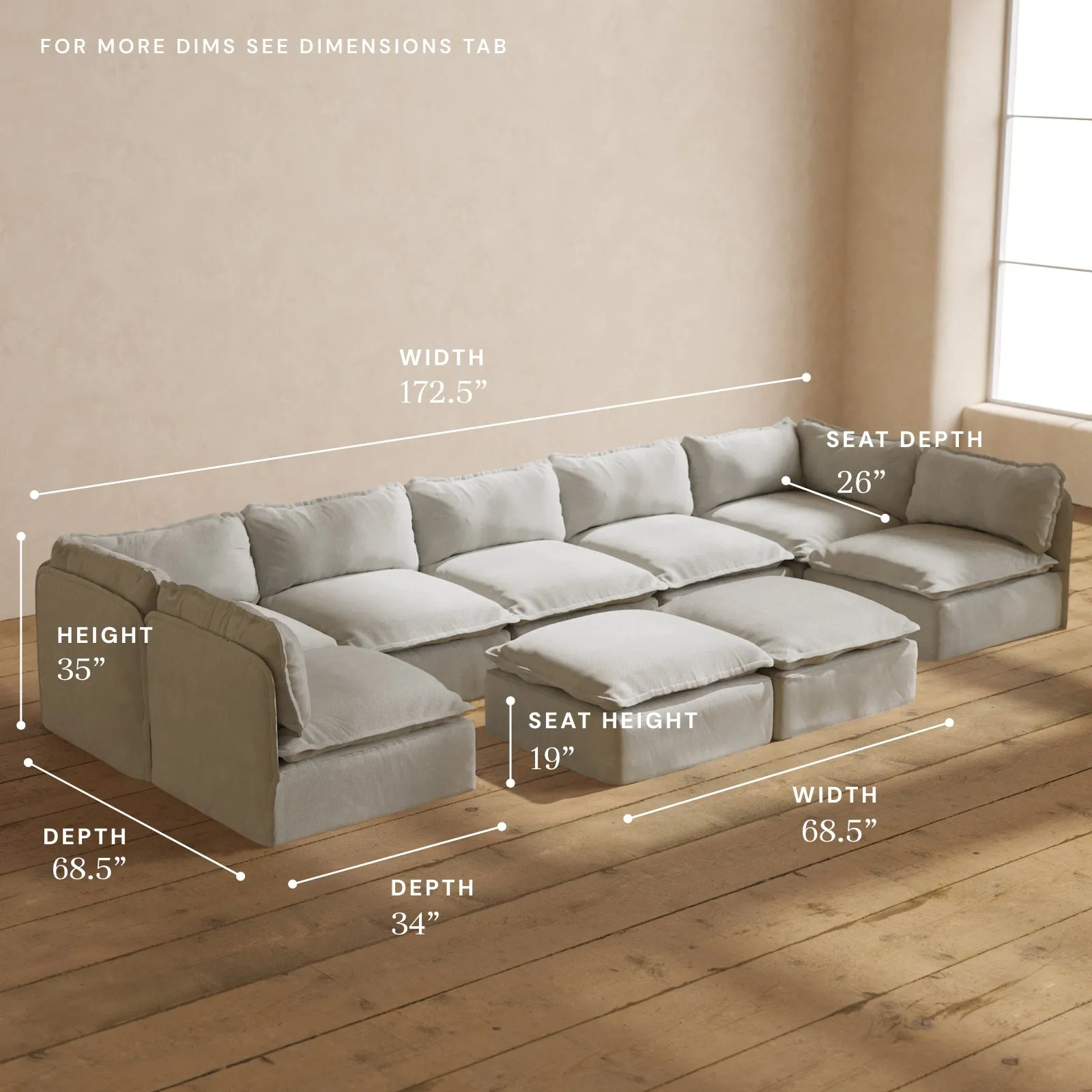 Modular Performance 7-Seater Open-Ends U-Sectional   Bench Ottoman in Cloud | Deluxe Blend