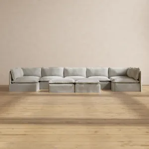Modular Performance 7-Seater Open-Ends U-Sectional   Bench Ottoman in Cloud | Deluxe Blend