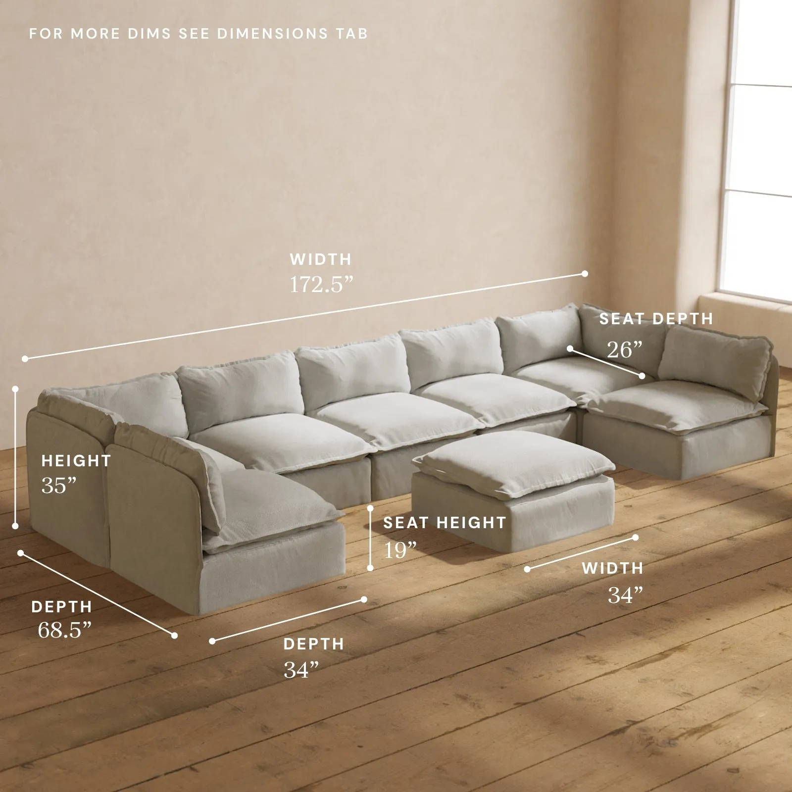 Modular Performance 7-Seater Open-Ends U-Sectional   Ottoman in Cloud | Relaxed Blend