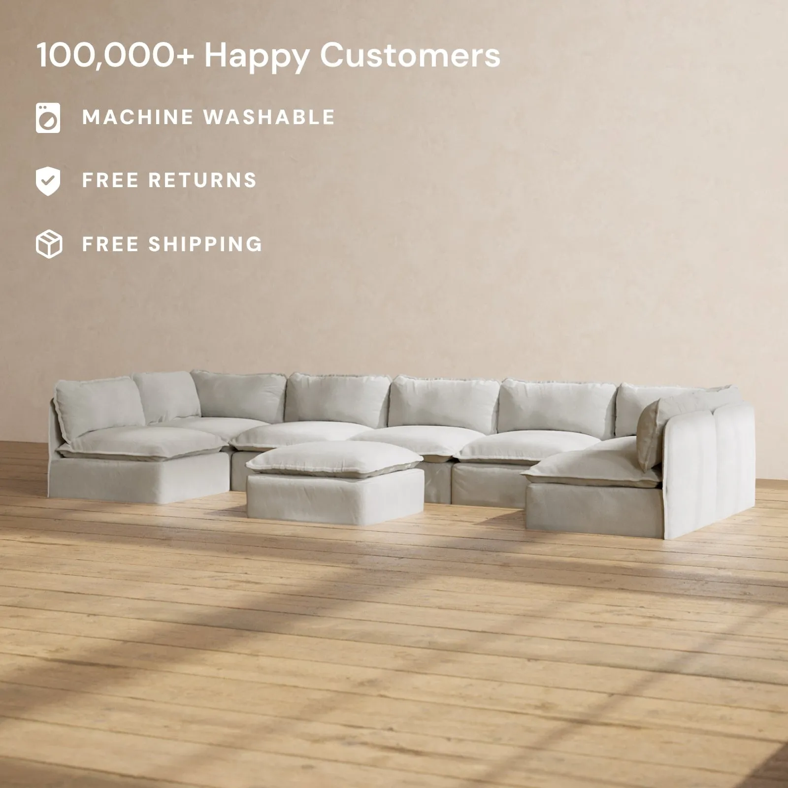 Modular Performance 7-Seater Open-Ends U-Sectional   Ottoman in Cloud | Relaxed Blend