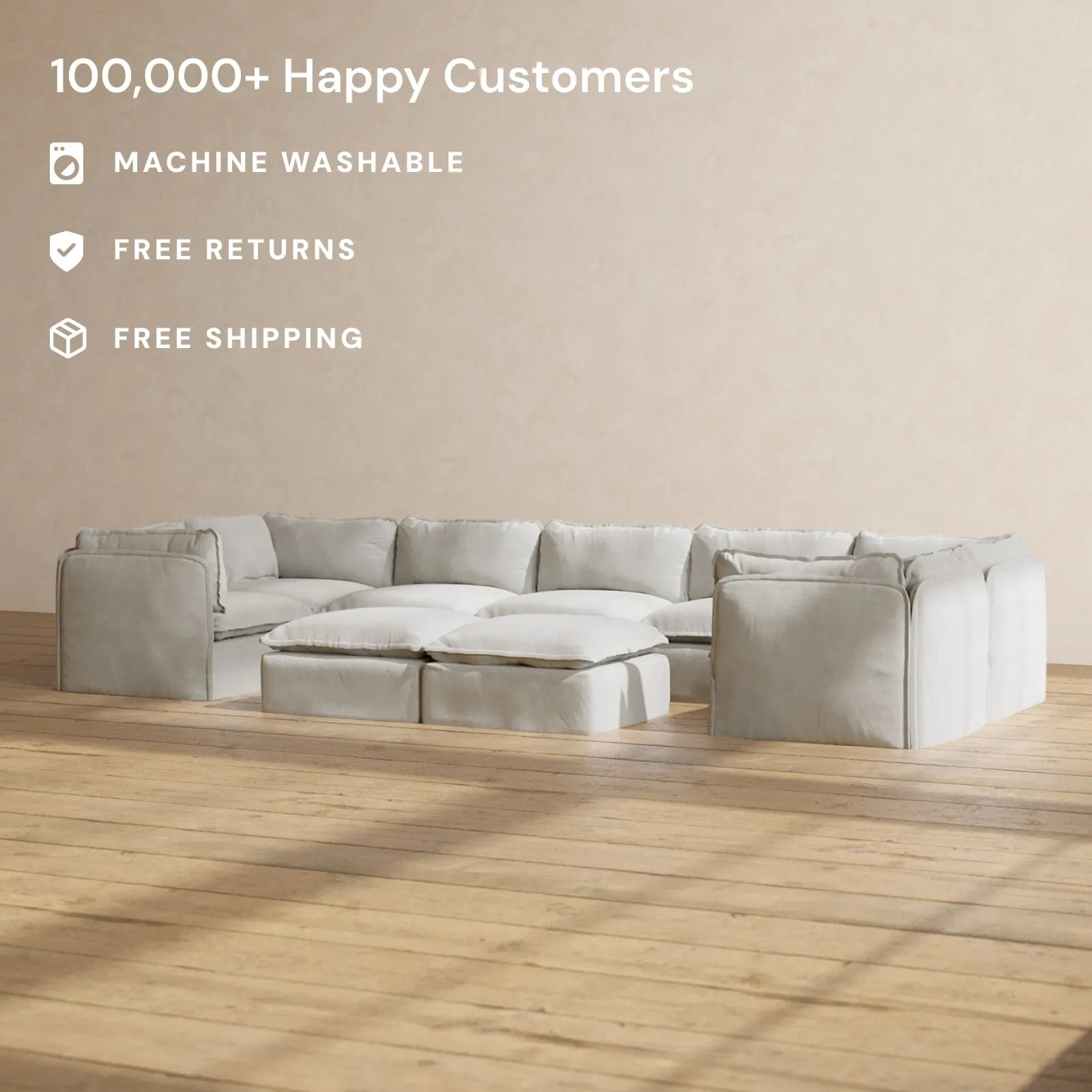 Modular Performance 7-Seater U-Sectional   Bench Ottoman in Cloud | Relaxed Blend