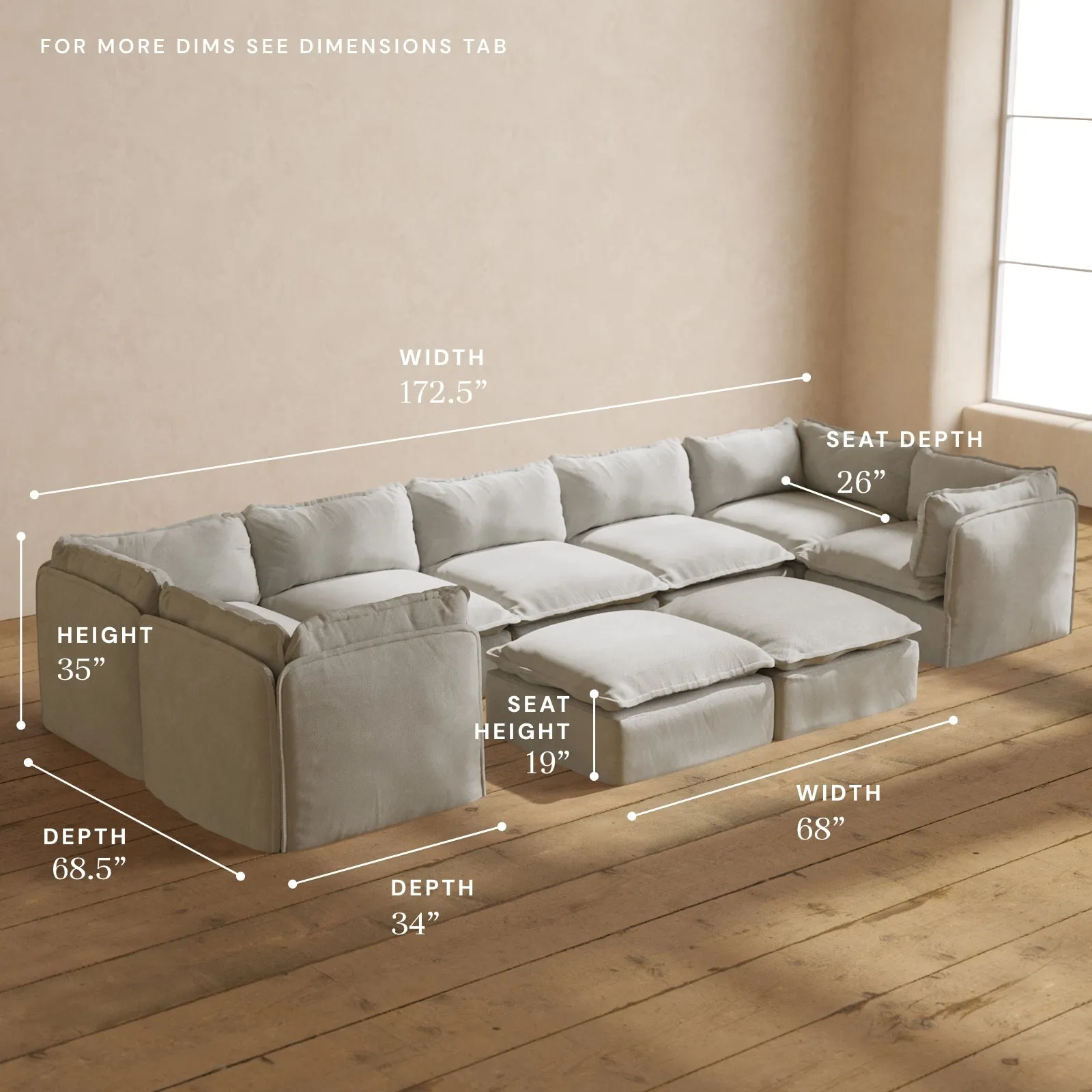 Modular Performance 7-Seater U-Sectional   Bench Ottoman in Cloud | Relaxed Blend
