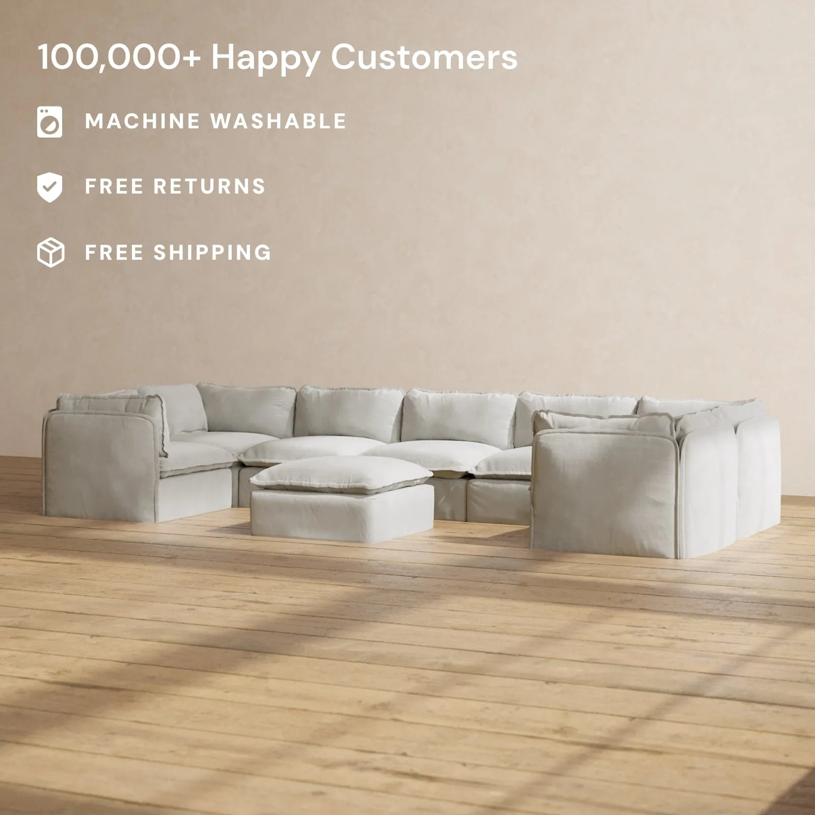 Modular Performance 7-Seater U-Sectional   Ottoman in Cloud | Deluxe Blend