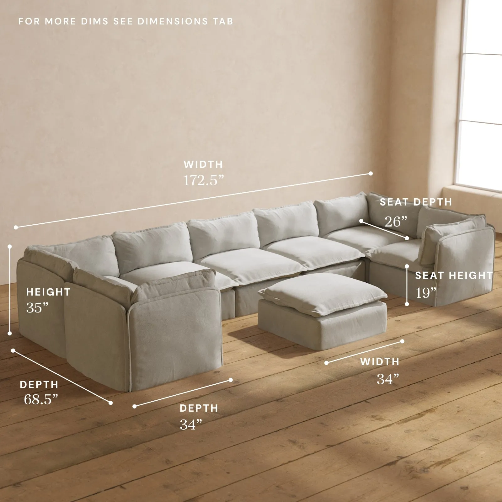 Modular Performance 7-Seater U-Sectional   Ottoman in Cloud | Relaxed Blend
