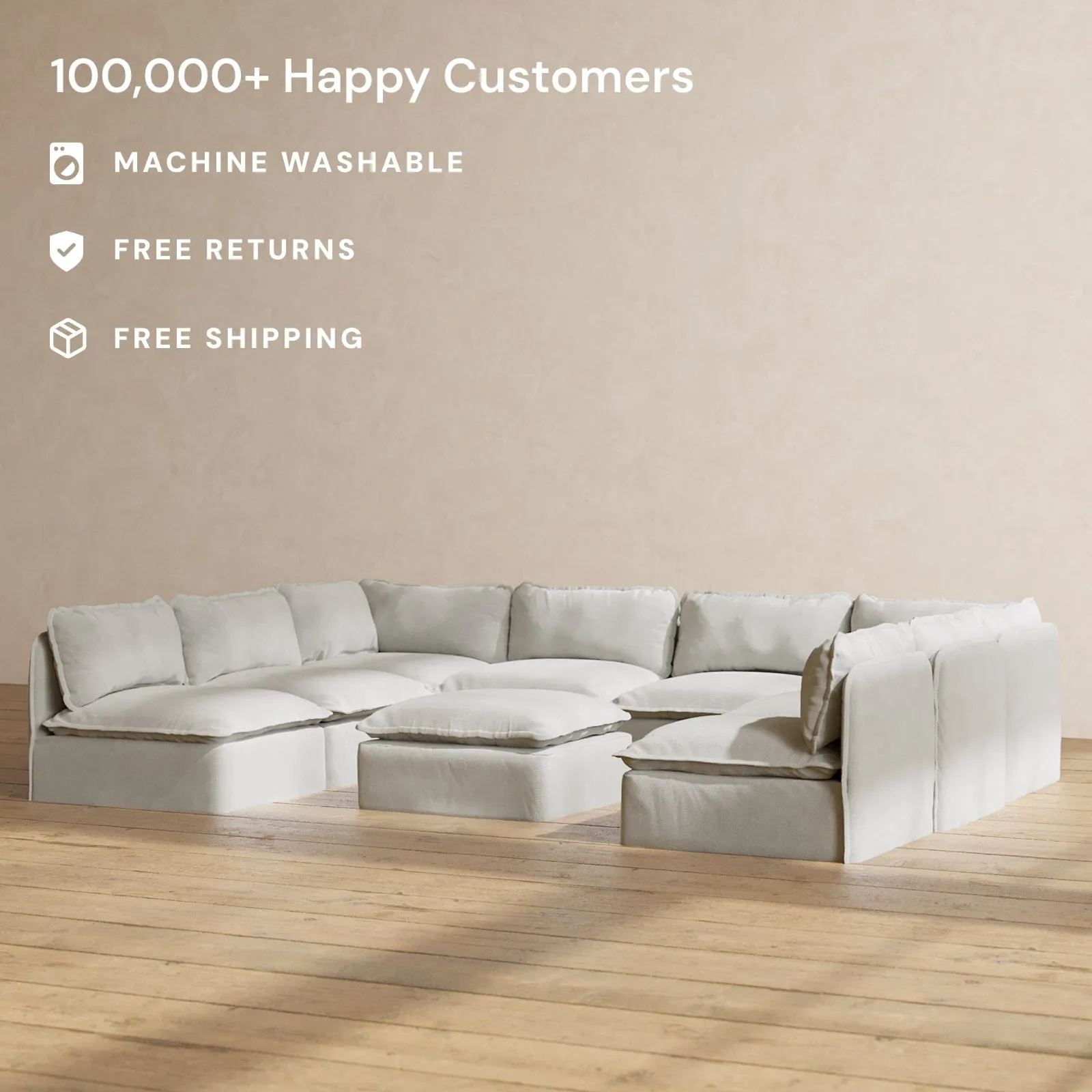 Modular Performance 8-Seater Open-Ends U-Sectional   Ottoman in Cloud | Relaxed Blend