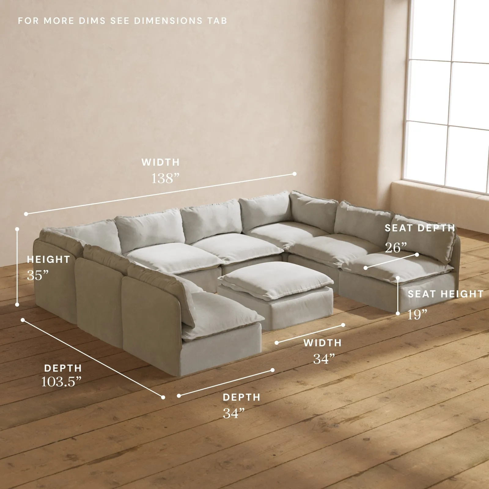 Modular Performance 8-Seater Open-Ends U-Sectional   Ottoman in Cloud | Relaxed Blend