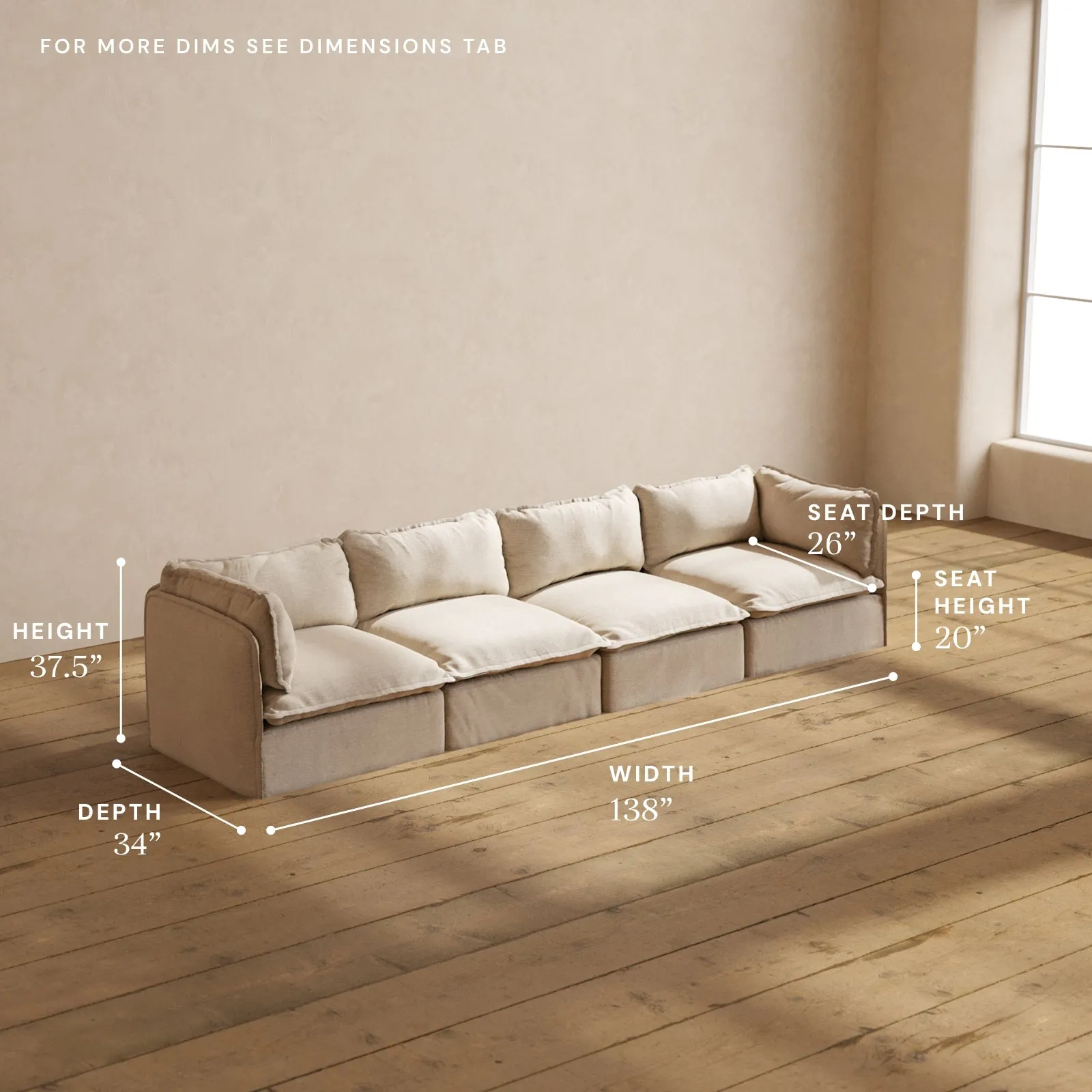 Modular Washable 4-Seater in Oat | Deluxe  Seat | Cloud Pillow