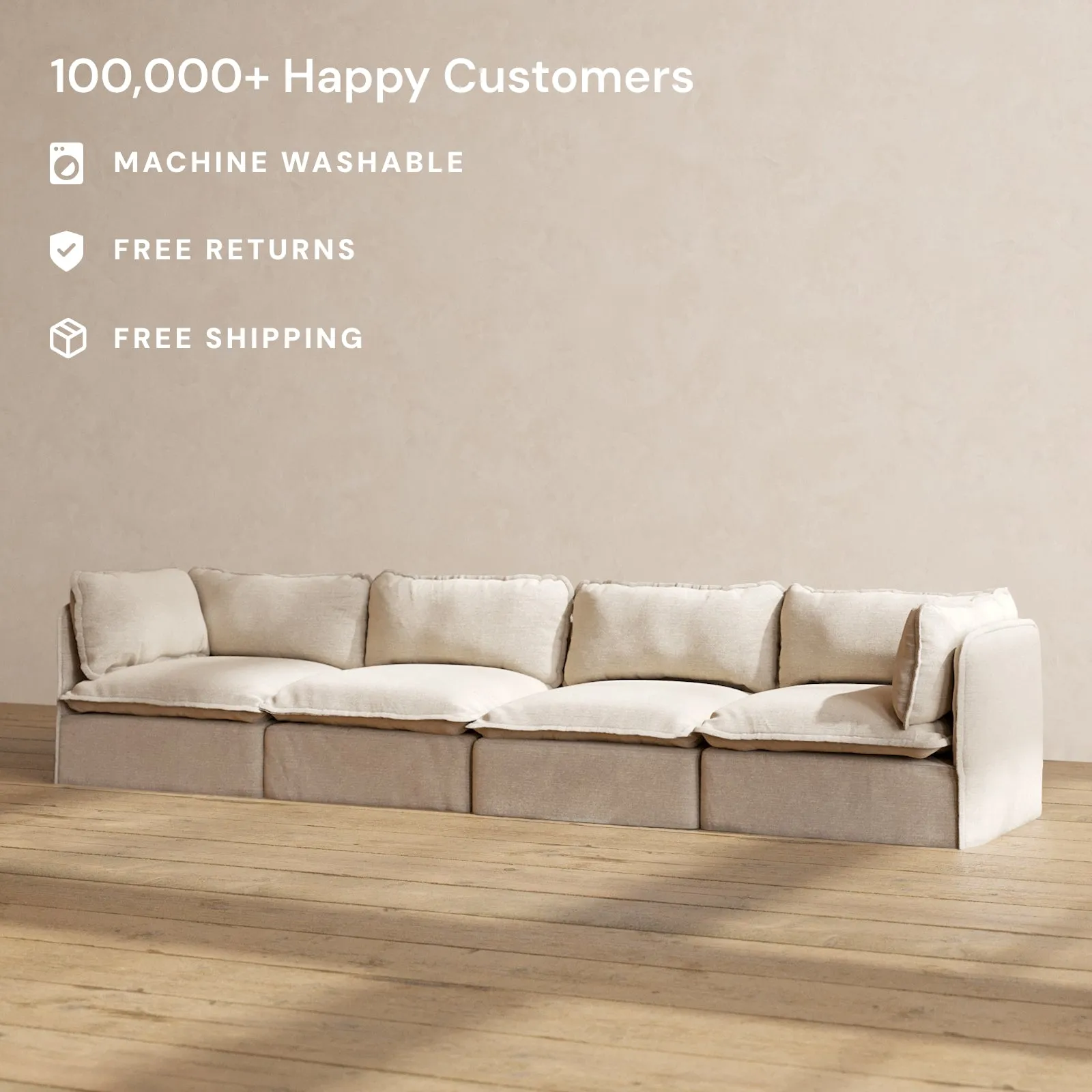 Modular Washable 4-Seater in Oat | Deluxe  Seat | Cloud Pillow