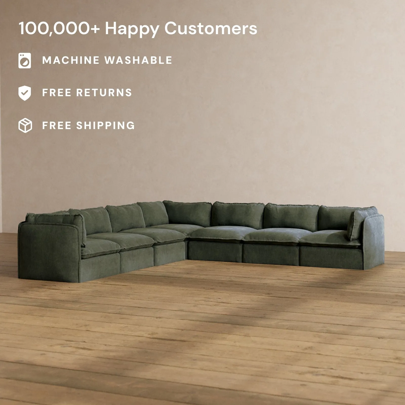 Modular Washable 7-Seater Corner Sectional in Olivine | Memorix  Seat | Cloud Pillow