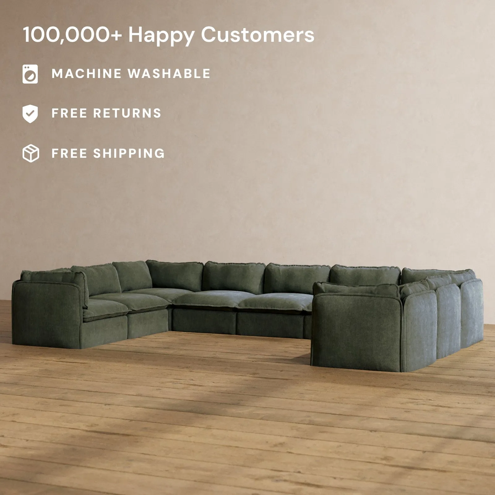 Modular Washable 9-Seater U-Sectional in Olivine | Memorix  Seat | Cloud Pillow