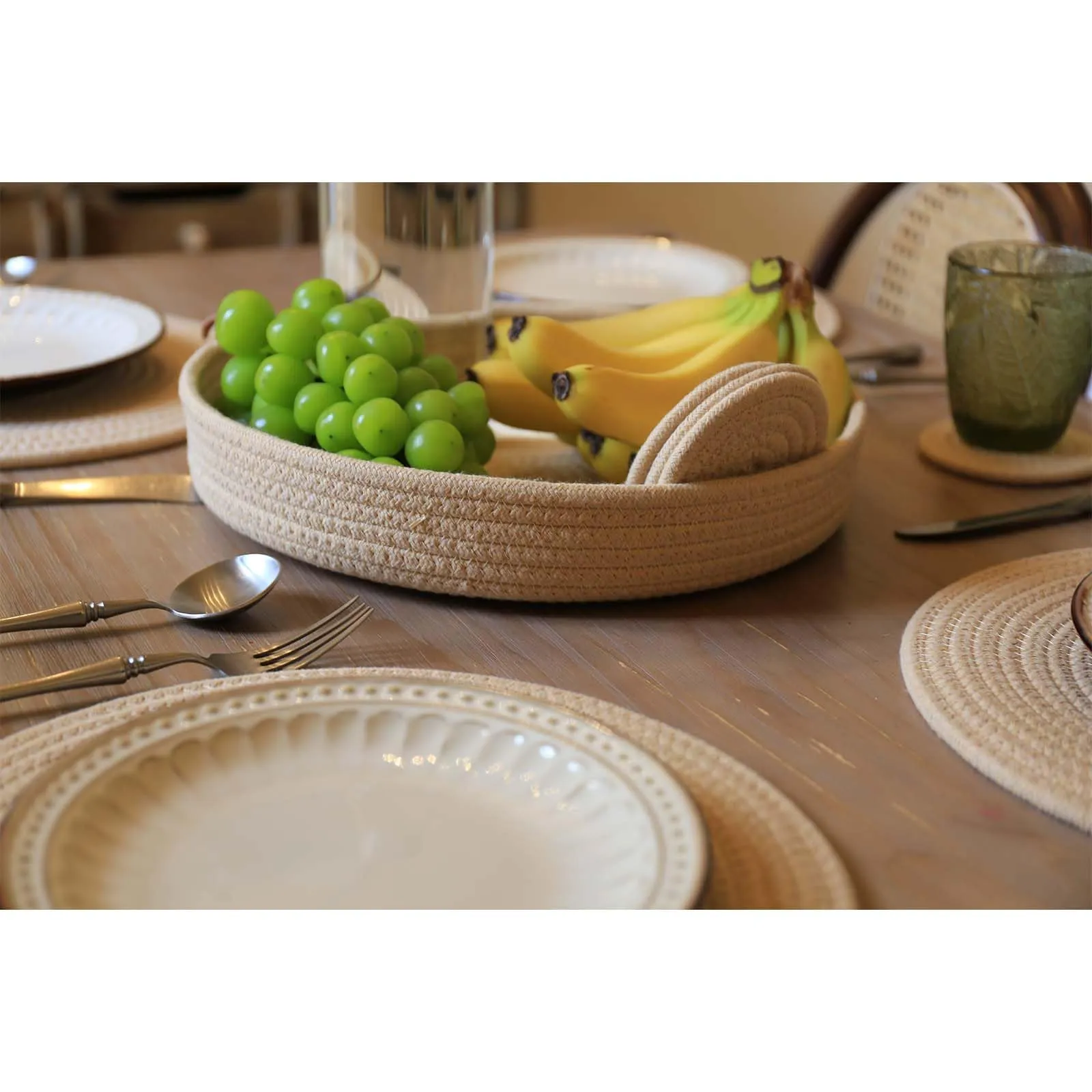 Natural Charm Woven Placemats, Coasters and Basket Set | Farmhouse Elegance