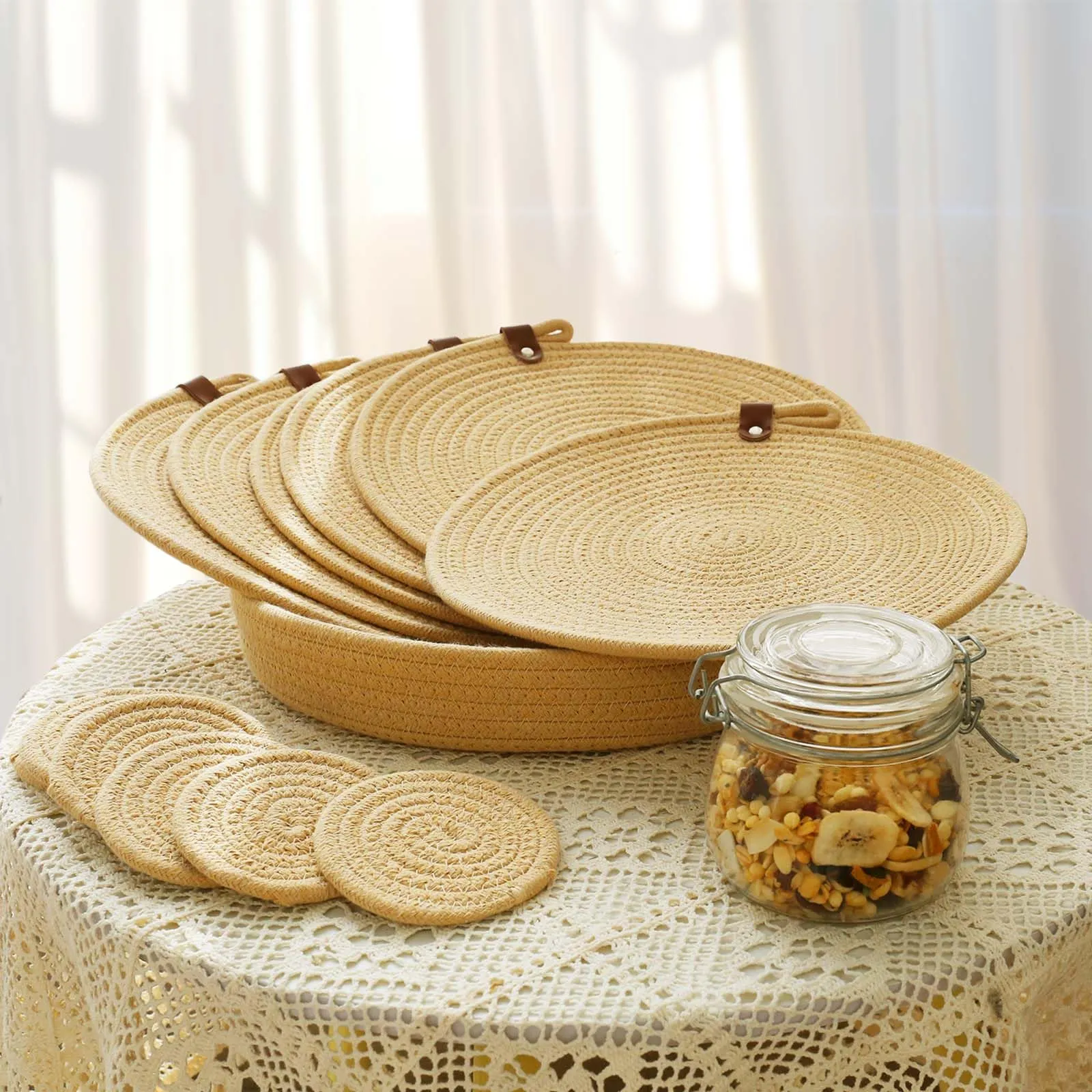 Natural Charm Woven Placemats, Coasters and Basket Set | Farmhouse Elegance
