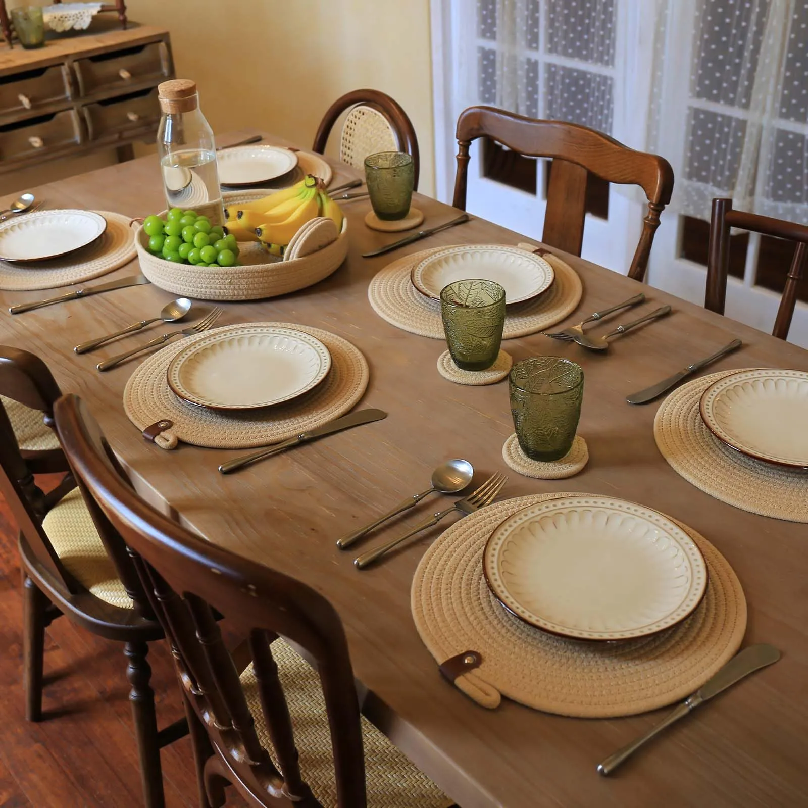 Natural Charm Woven Placemats, Coasters and Basket Set | Farmhouse Elegance