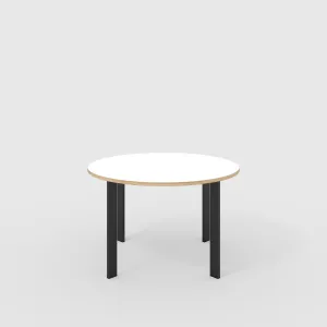 Plywood Round Table with Black Rectangular Single Pin Legs - Formica White - 1200(dia) x 735(h)