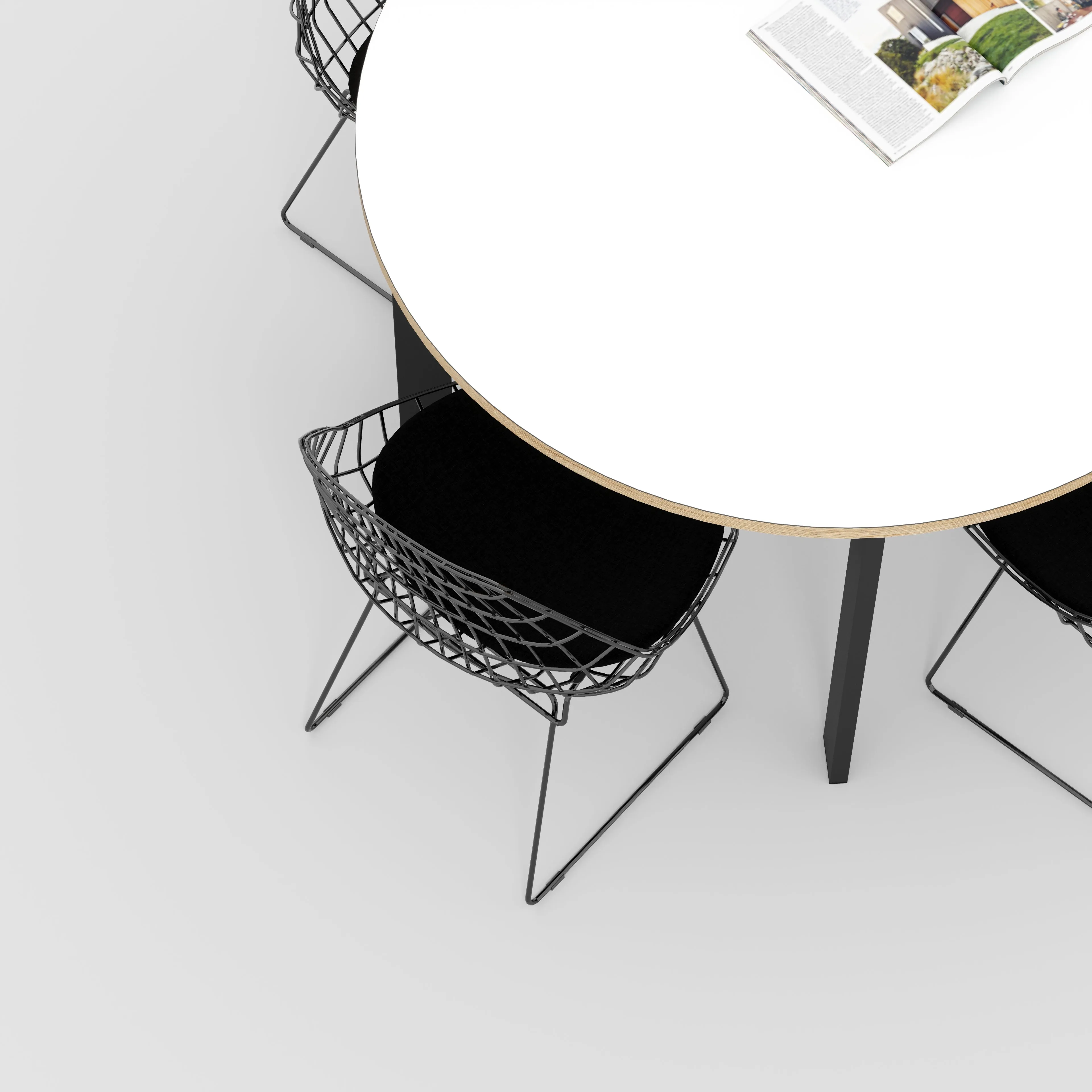 Plywood Round Table with Black Rectangular Single Pin Legs - Formica White - 1200(dia) x 735(h)