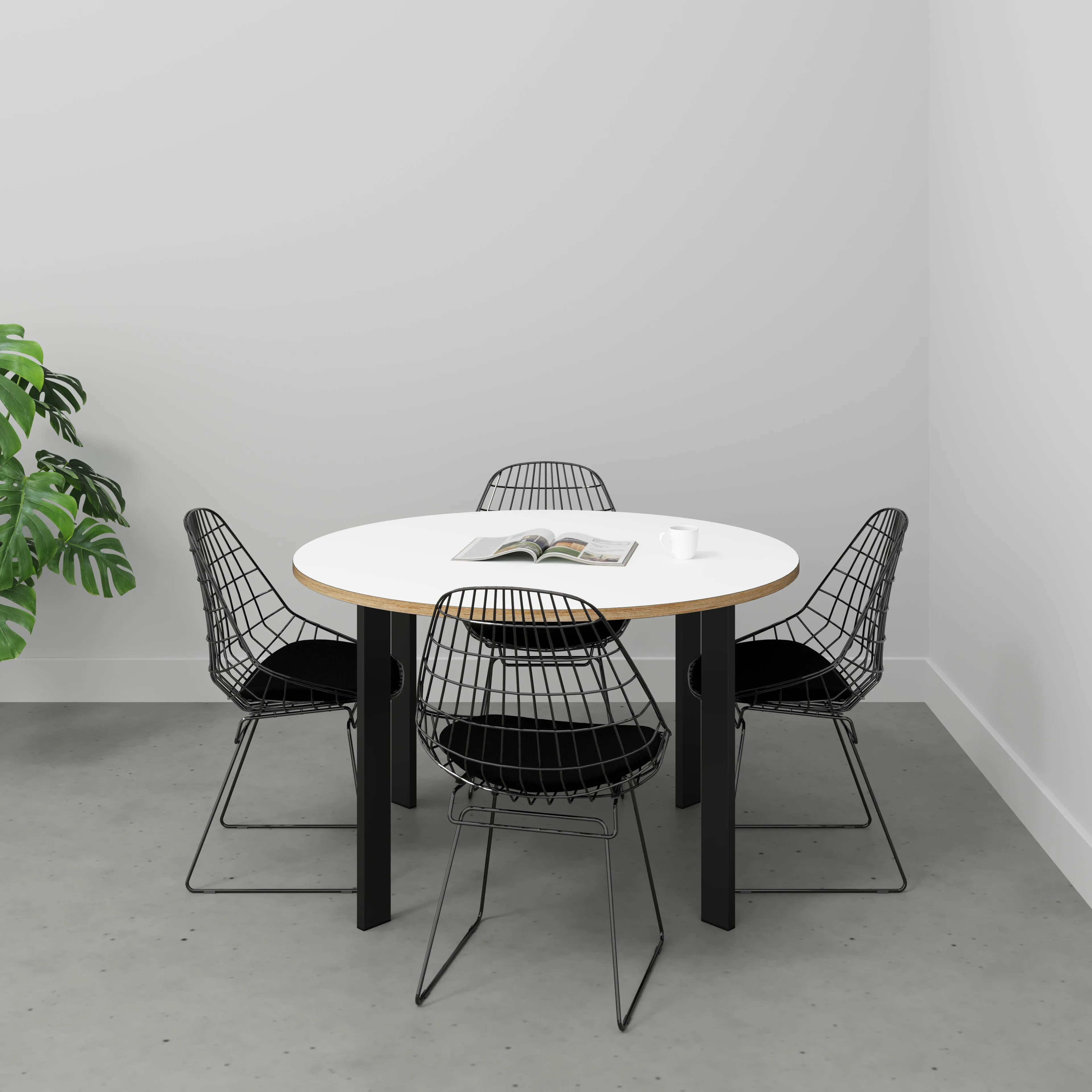 Plywood Round Table with Black Rectangular Single Pin Legs - Formica White - 1200(dia) x 735(h)