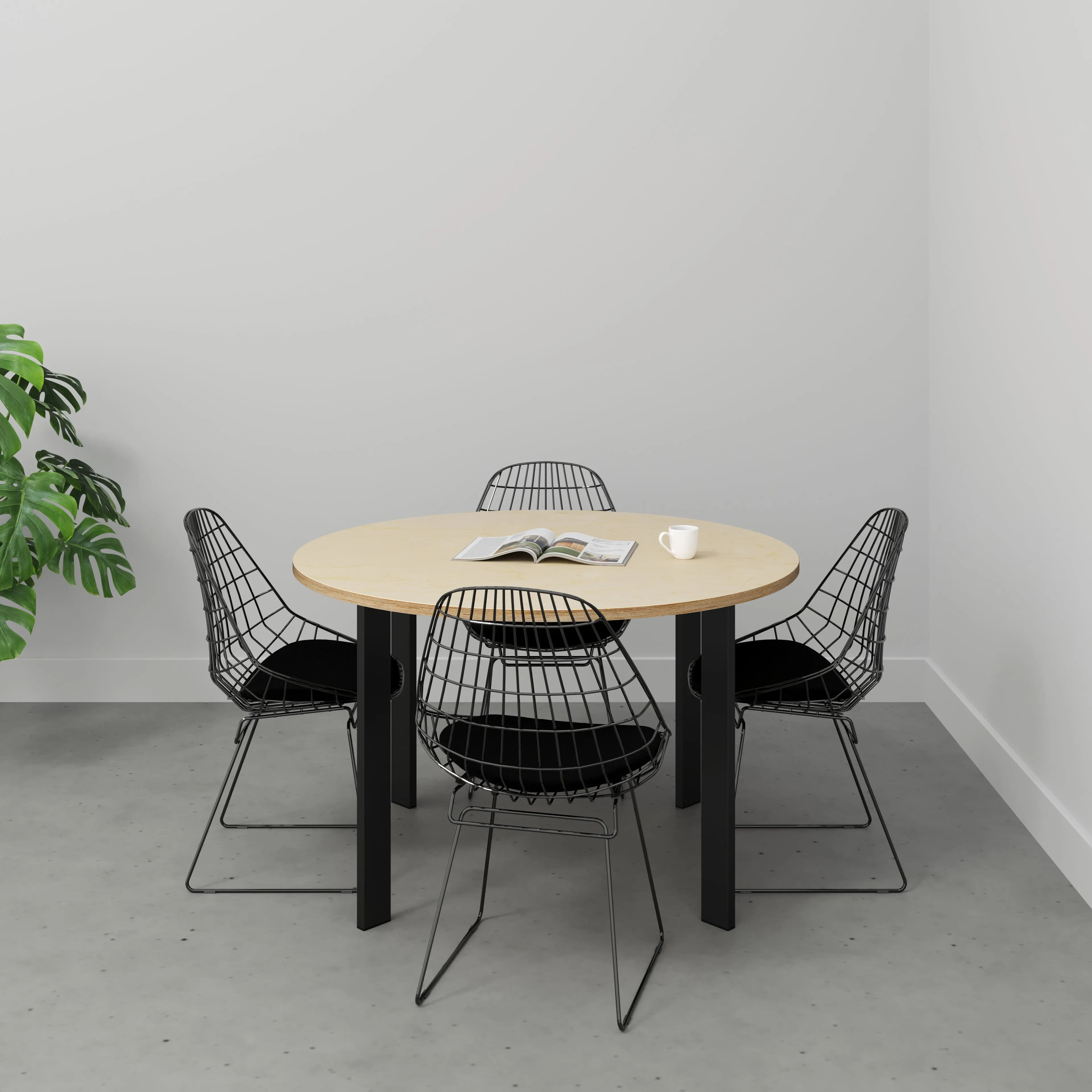Plywood Round Table with Black Rectangular Single Pin Legs - Plywood Birch - 1200(dia) x 735(h)